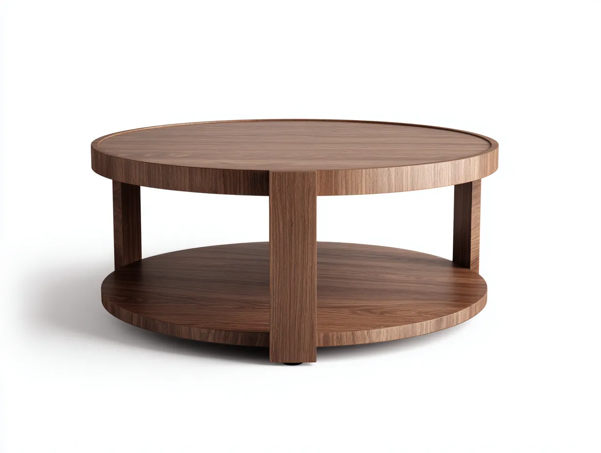 Mesa de centro circular de madera 100x100x42 cm - nogal marrón - diseño bajo con repisa inferior para salón-Tavexrahome