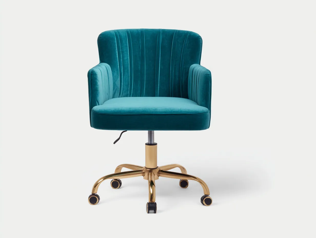 Silla de oficina de terciopelo 64x62x88 cm - turquesa y dorado - respaldo acanalado-Tavexrahome