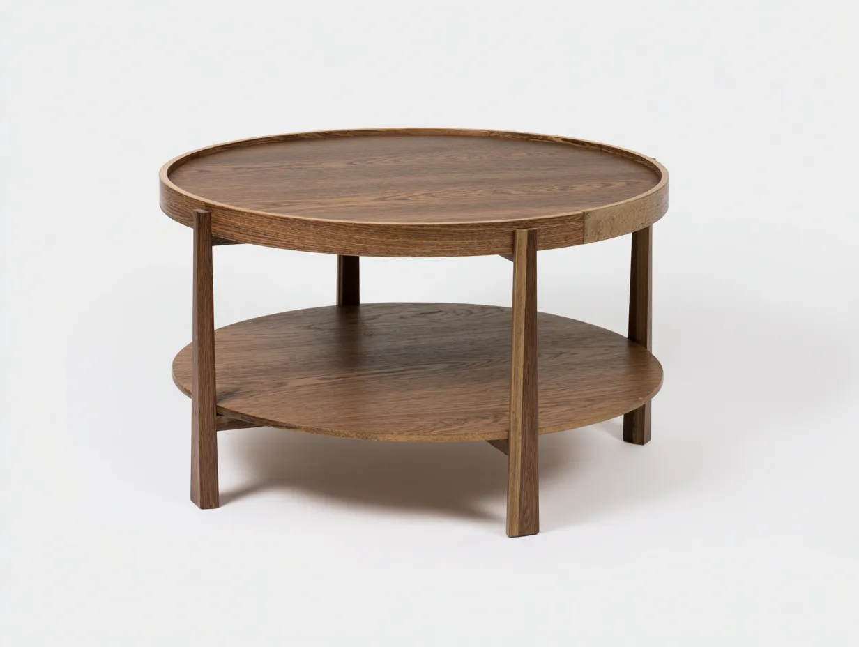 Mesa de centro redonda de madera 90x90x45 cm - nogal medio - borde elevado y balda inferior para salón-Tavexrahome