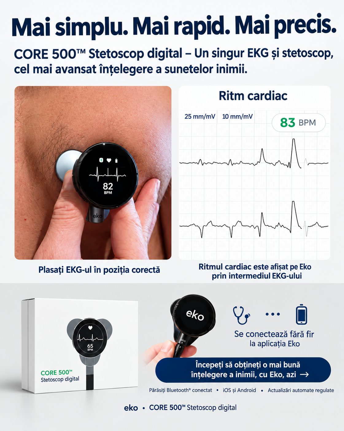 Stetoscop ECG digital CORE 500™ cu analiză prin IA și o calitate superioară a sunetului