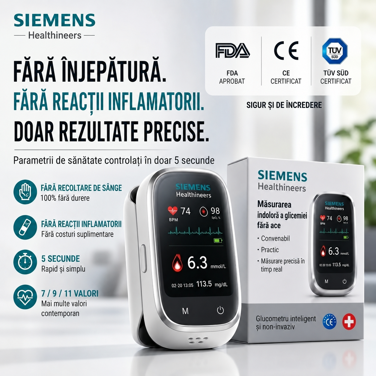 🩸Monitor de glucoză în sânge Siemens™ 11 în 1 fără ac • Nu necesită înțepare • Fără benzi de testare • Rezultate în doar 5 secunde