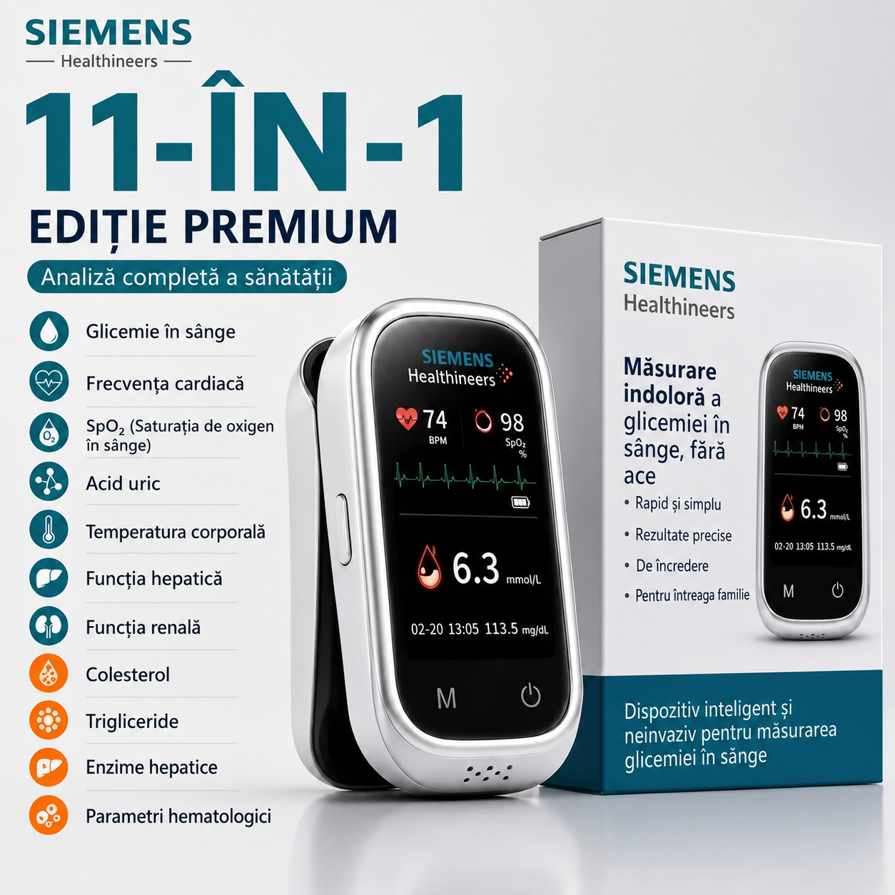 🩸Monitor de glucoză în sânge Siemens™ 11 în 1 fără ac • Nu necesită înțepare • Fără benzi de testare • Rezultate în doar 5 secunde
