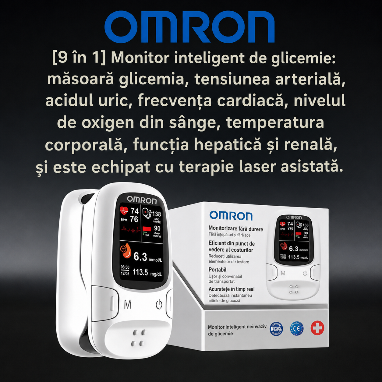 🔥 Omron™ lansează noul monitor de glucoză din sânge 11 în 1, non-invaziv • Nu necesită lancete • Nu necesită benzi de testare • Rezultate în doar 5 secunde