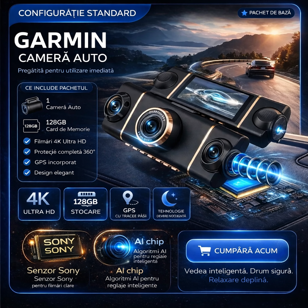 Cameră auto cu 4 camere – acoperire completă la 360°, înregistrare clară ziua și noaptea, 4K Ultra HD