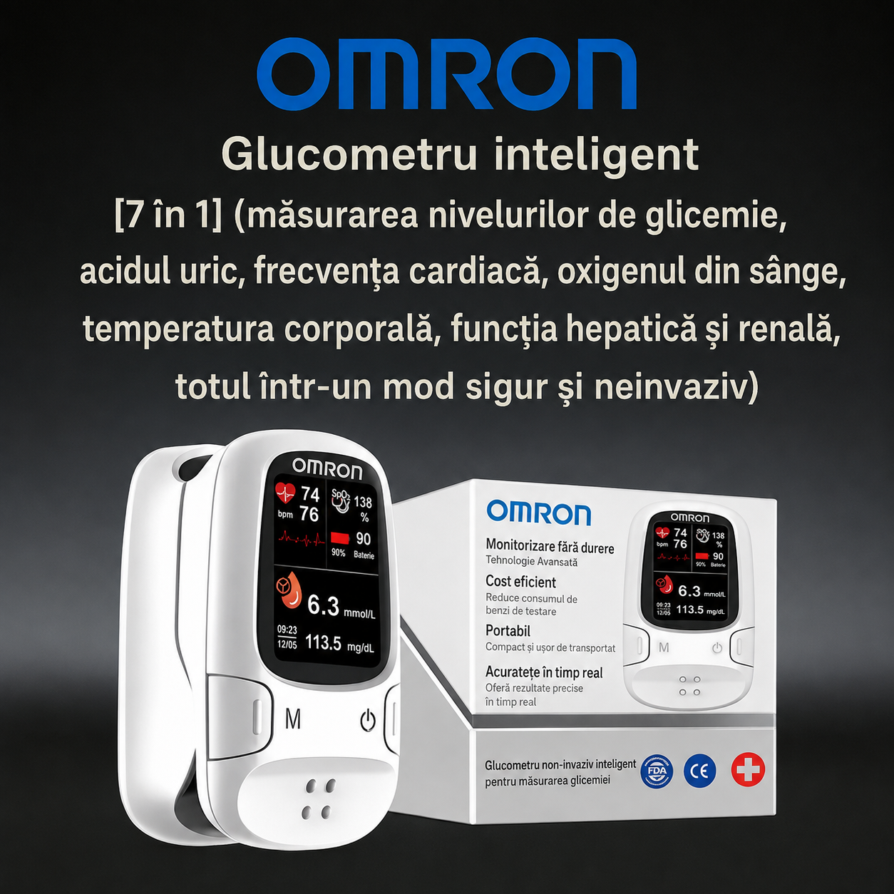 🔥 Omron™ lansează noul monitor de glucoză din sânge 11 în 1, non-invaziv • Nu necesită lancete • Nu necesită benzi de testare • Rezultate în doar 5 secunde
