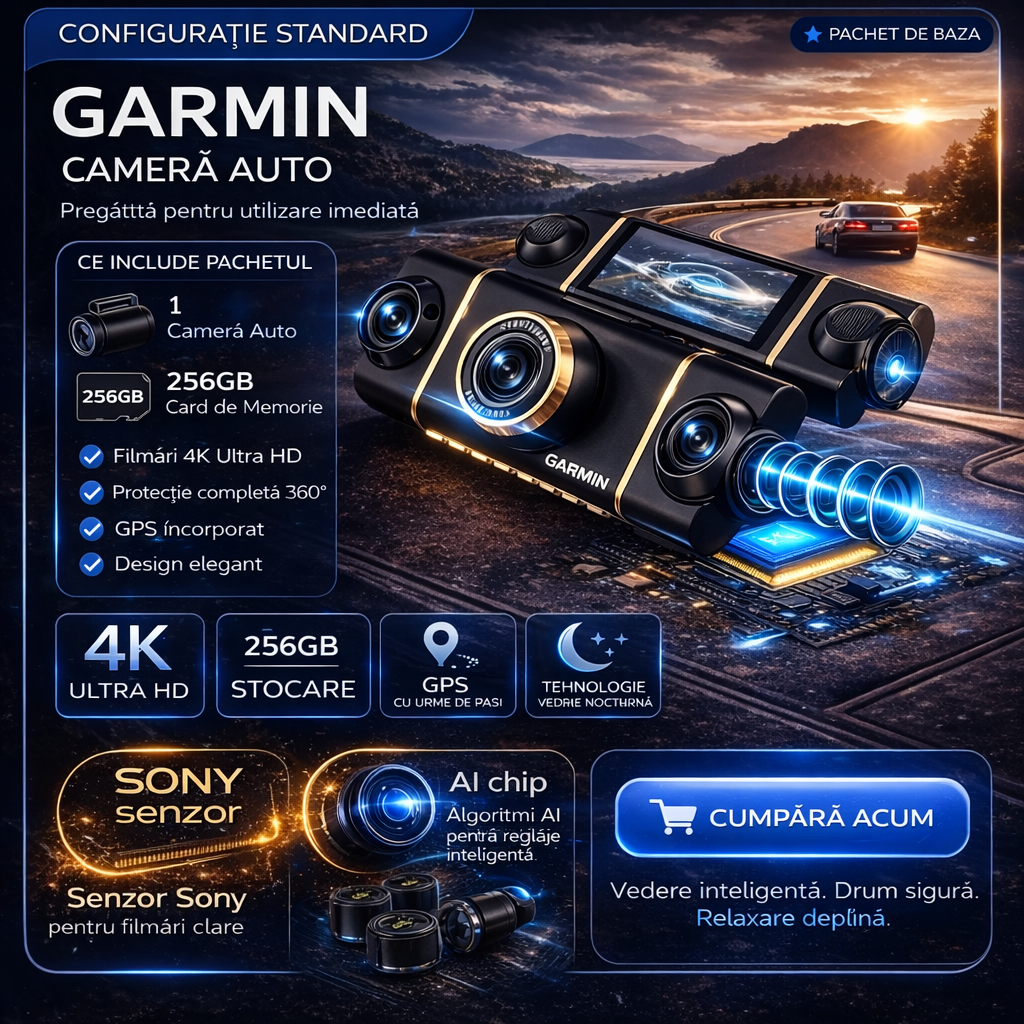 Cameră auto cu 4 camere – acoperire completă la 360°, înregistrare clară ziua și noaptea, 4K Ultra HD