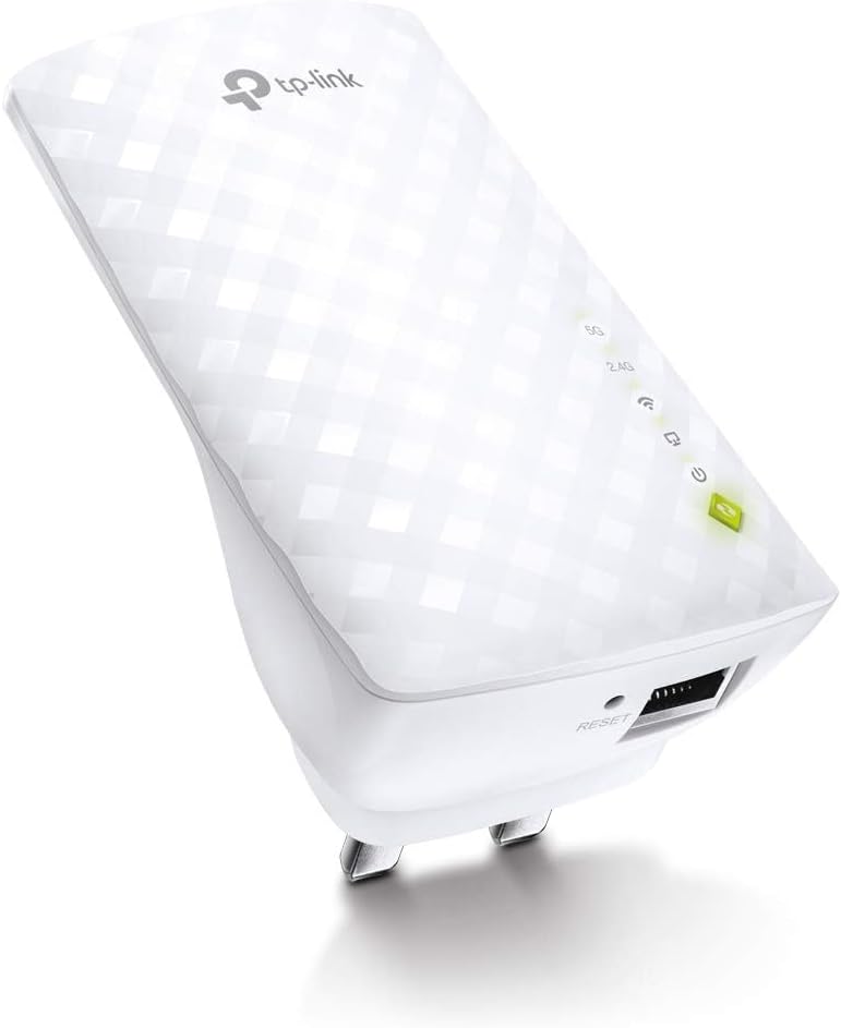 TP-Link WiFi Extender Booster, dual band AC750 Mbps WiFi Range Extender Repeator, Internet Booster cu port Ethernet, Ultraxtend Coverage App Control pentru o configurare ușoară.