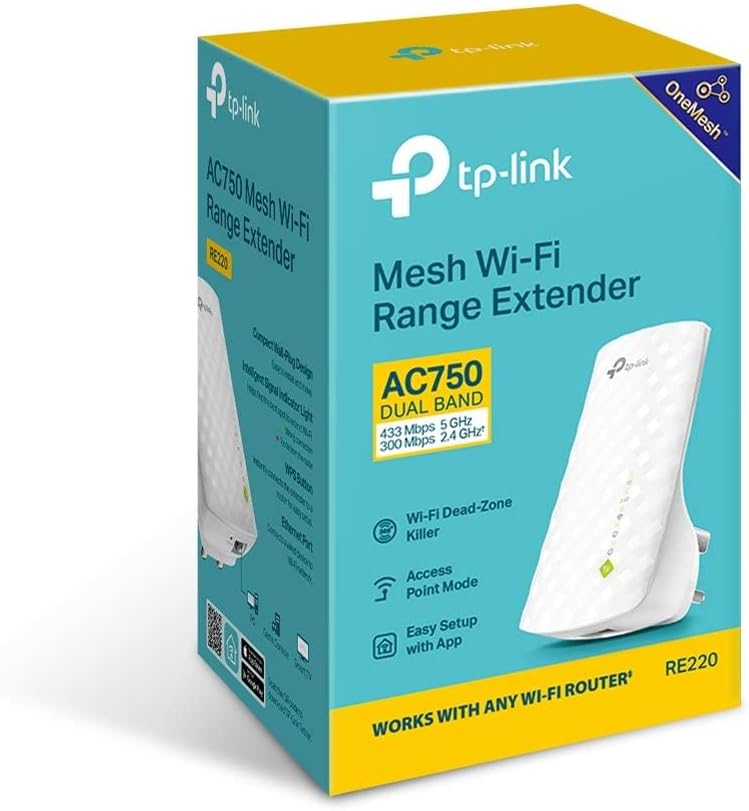 TP-Link WiFi Extender Booster, dual band AC750 Mbps WiFi Range Extender Repeator, Internet Booster cu port Ethernet, Ultraxtend Coverage App Control pentru o configurare ușoară.