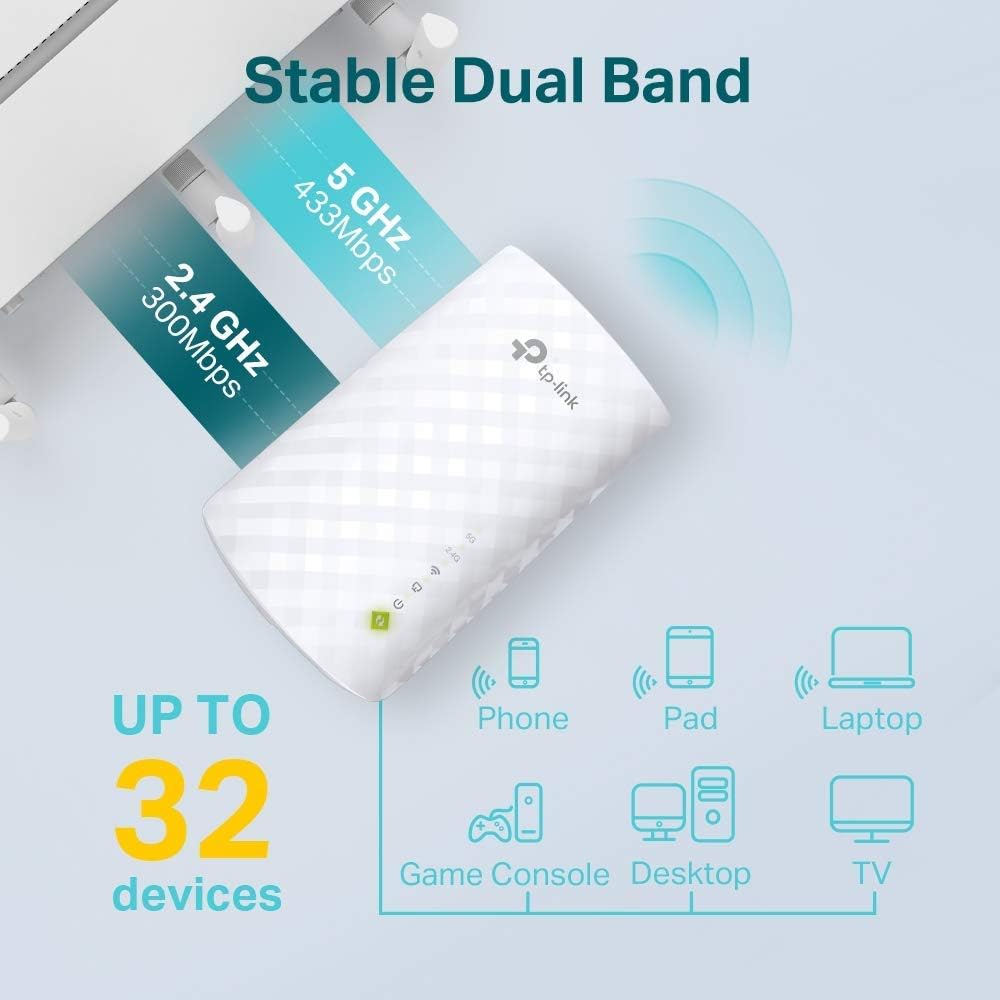 TP-Link WiFi Extender Booster, dual band AC750 Mbps WiFi Range Extender Repeator, Internet Booster cu port Ethernet, Ultraxtend Coverage App Control pentru o configurare ușoară.