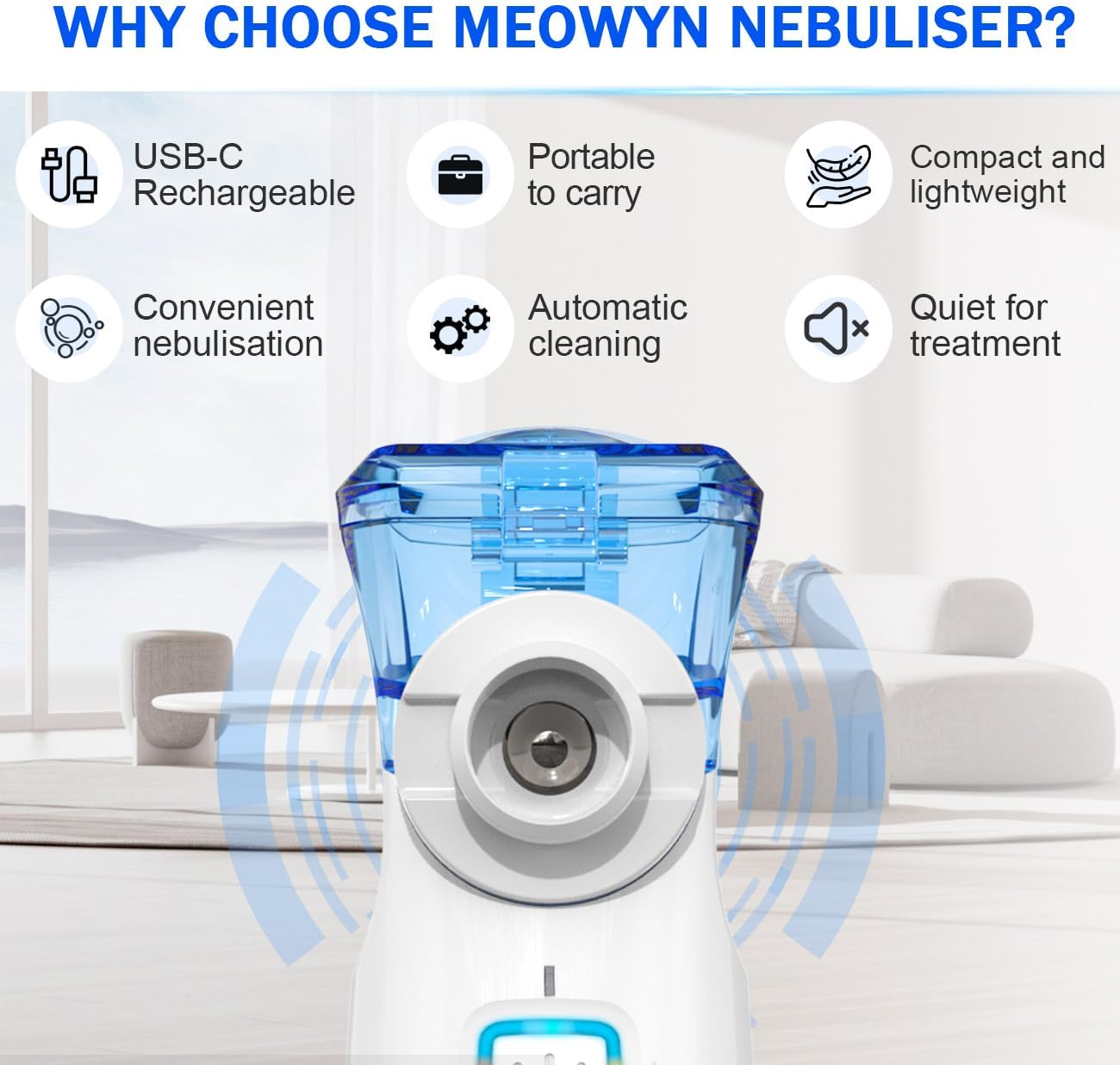 Nebulizator Meowyn pentru adulți și copii, nebulizator reîncărcabil USB-C, design portabil, ușor de utilizat și de curățat, nebulizare silentioasă, eficientă, potrivit pentru uz casnic și de călătorie