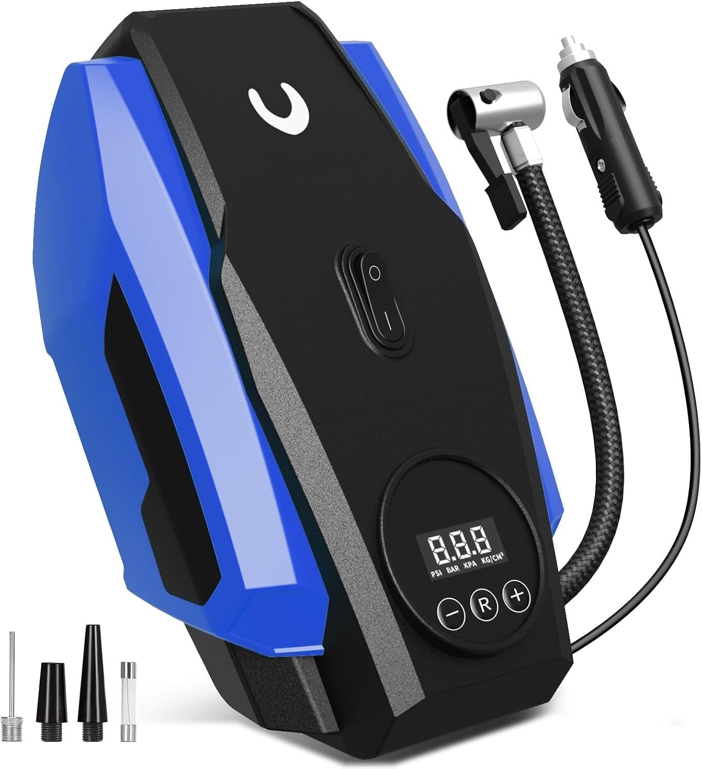 Compresor de aer portabil pentru umflator de anvelope Powools - Pompă de aer pentru anvelope auto - Pompă compactă pentru anvelope 12V DC cu oprire automată - Accesoriu auto multifuncțional cu lumină LED.