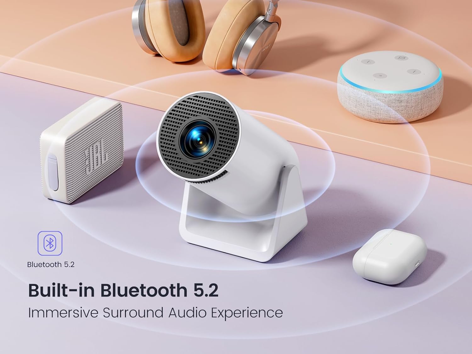 [Aplicație încorporată] Mini proiector cu WIFI 6 și Bluetooth, 4K 1080P suport proiector portabil, proiector de film cu ecran rotativ de 180°, ecran de 130 inchi, corectare automată a distorsiunii compatibile cu laptop, PC, smartphone