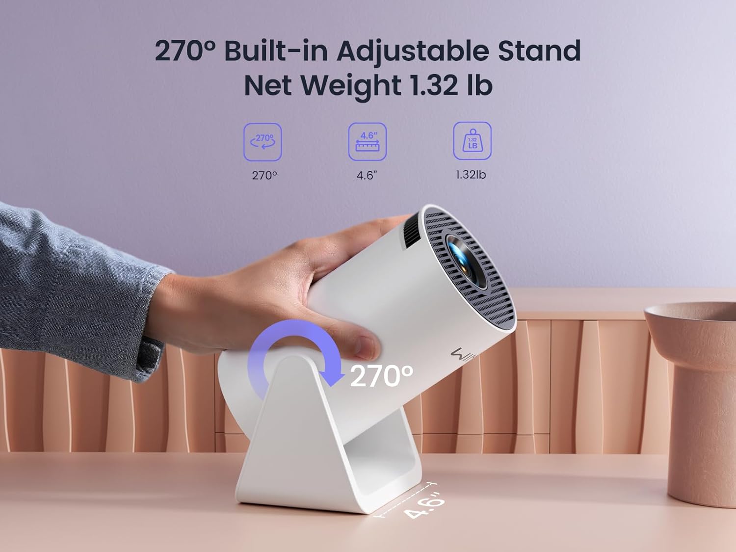 [Aplicație încorporată] Mini proiector cu WIFI 6 și Bluetooth, 4K 1080P suport proiector portabil, proiector de film cu ecran rotativ de 180°, ecran de 130 inchi, corectare automată a distorsiunii compatibile cu laptop, PC, smartphone