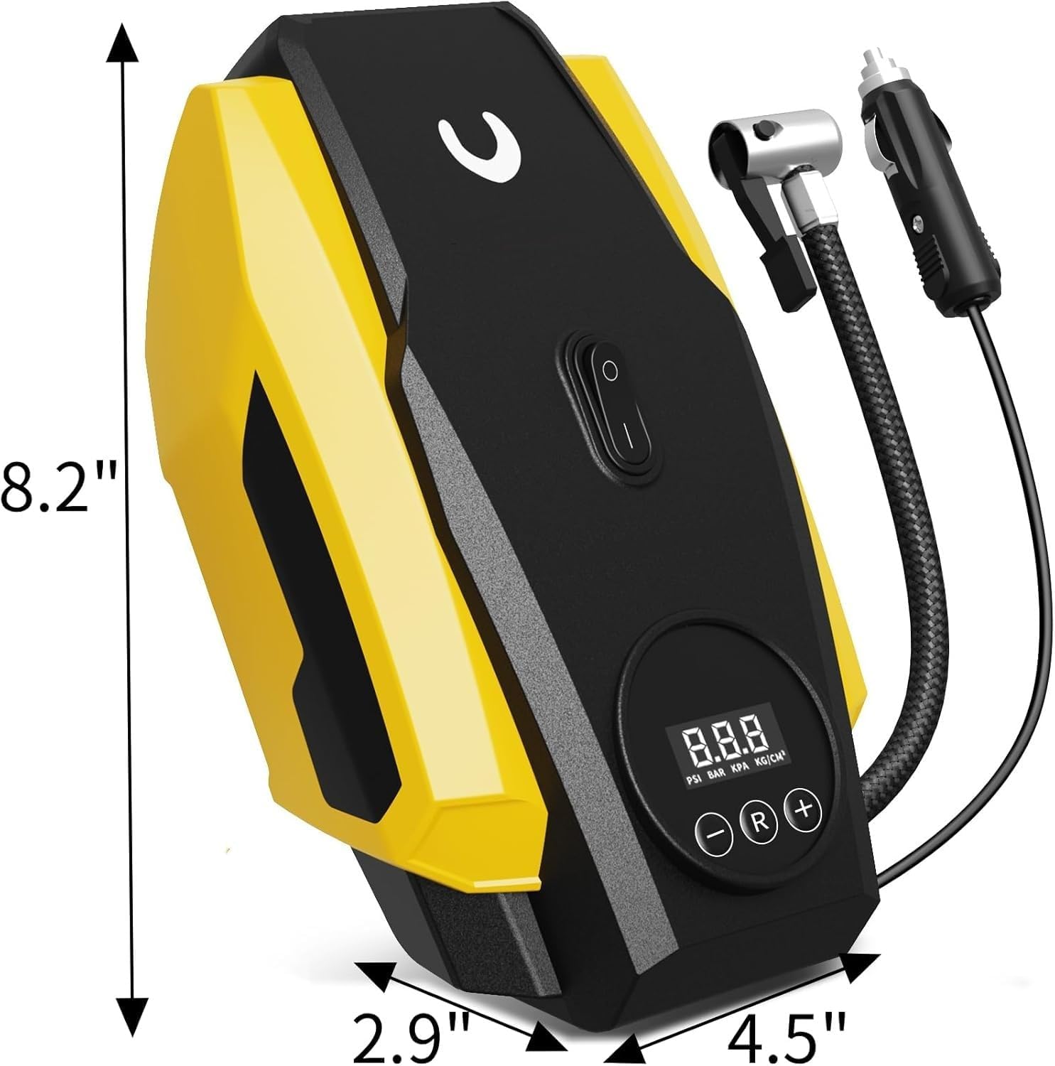 Compresor de aer portabil pentru umflator de anvelope Powools - Pompă de aer pentru anvelope auto - Pompă compactă pentru anvelope 12V DC cu oprire automată - Accesoriu auto multifuncțional cu lumină LED.