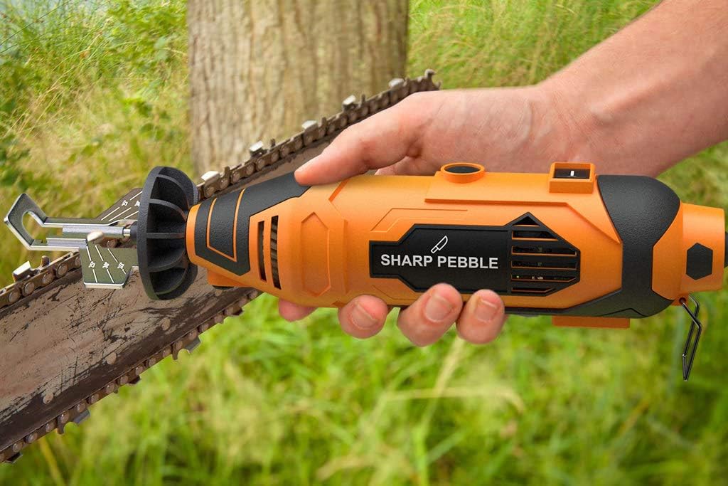 Kit de ascuțit pentru ferăstrău electric Sharp Pebble - Vine cu o unealtă de ascuțit cu lanț, roți de ascuțit cu diamant în 4 dimensiuni de fișiere, atașament unghi, cheie și carte electronică.