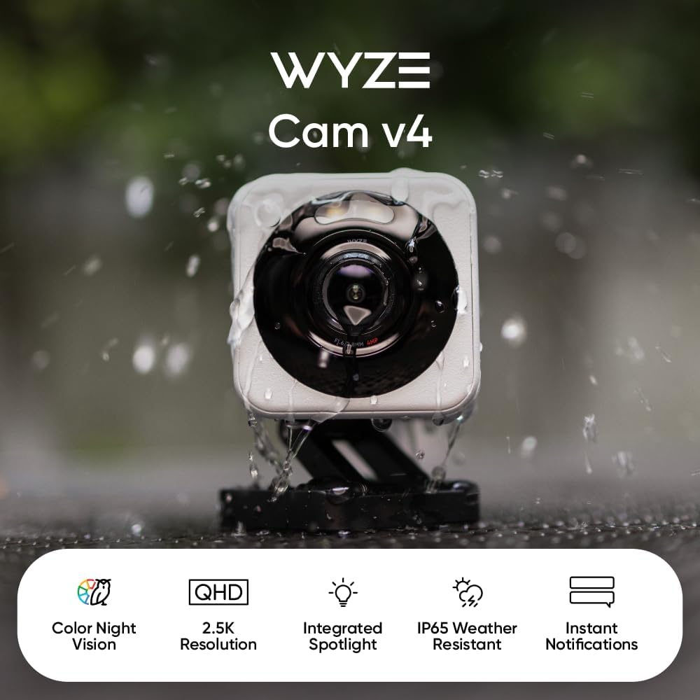 WYZE Cam v4, 2.5K HD WiFi Smart Home Security Camera, interior/exterior, monitor pentru animale de companie/bebe, reflectoare/sirenă activată prin mișcare, vedere nocturnă color, audio bidirecțional, funcționează cu Alexa și Google, negru 2-pachet, 2 pach