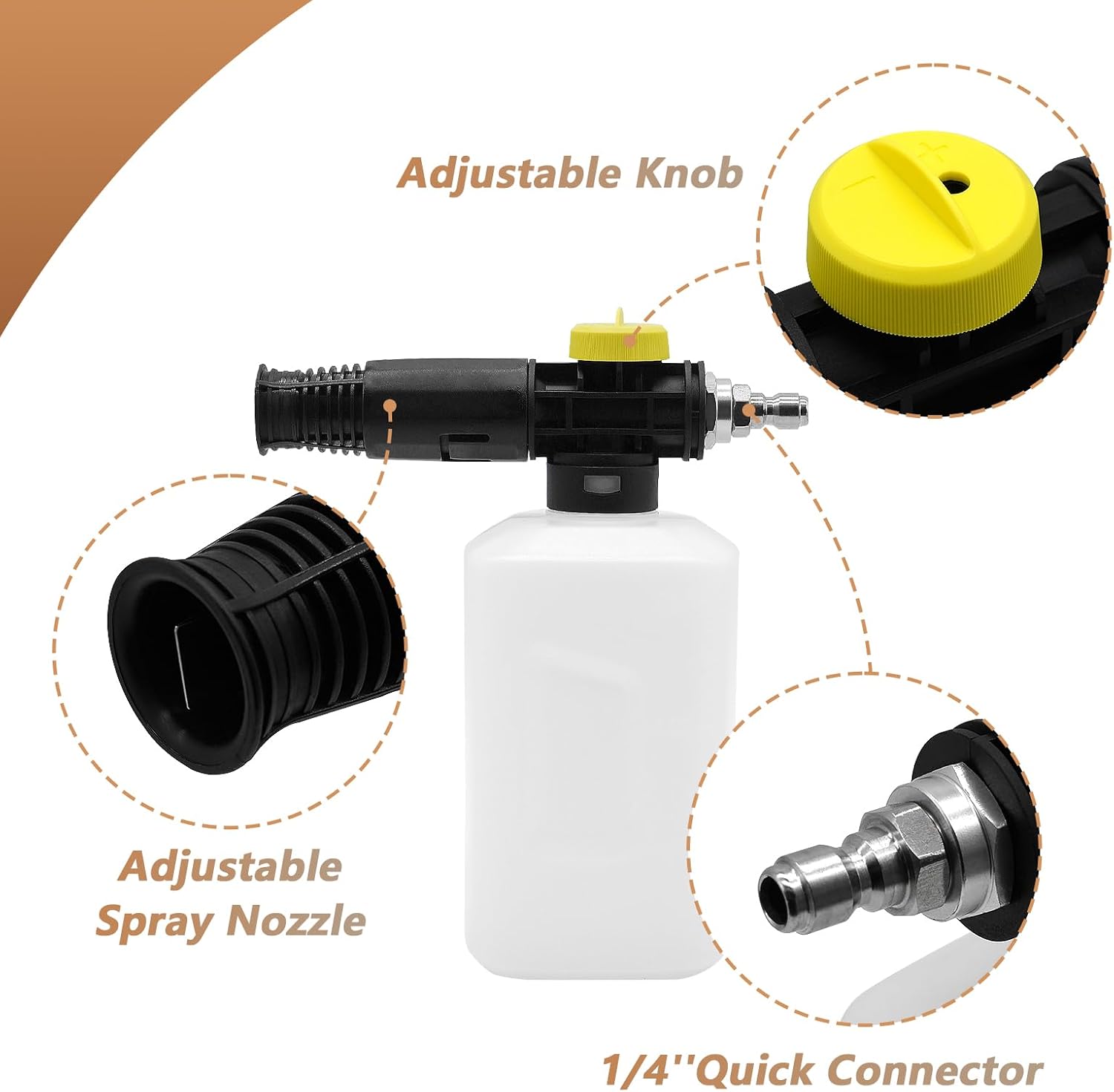 Pistol de pulverizare cu spumă de zăpadă Fai Top, conectare rapidă de 1/4 inch, tun cu spumă îmbuteliată, compatibil cu pistolul de spălat auto cu jet de spălat cu presiune de 1/4 inch.