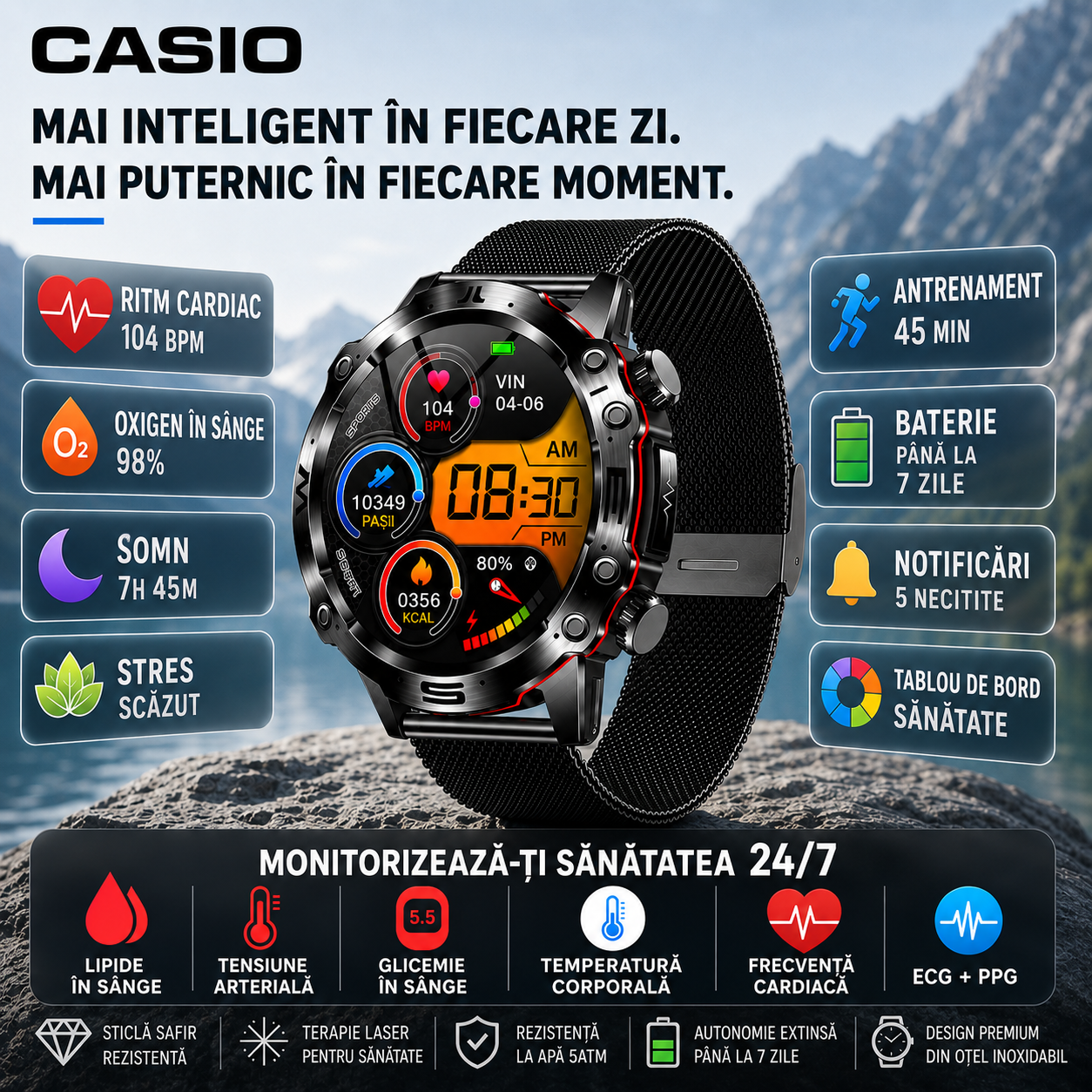 Ceas inteligent CASIO AMOLED – monitorizare glicemie, apeluri Bluetooth, peste 100 de moduri sportive