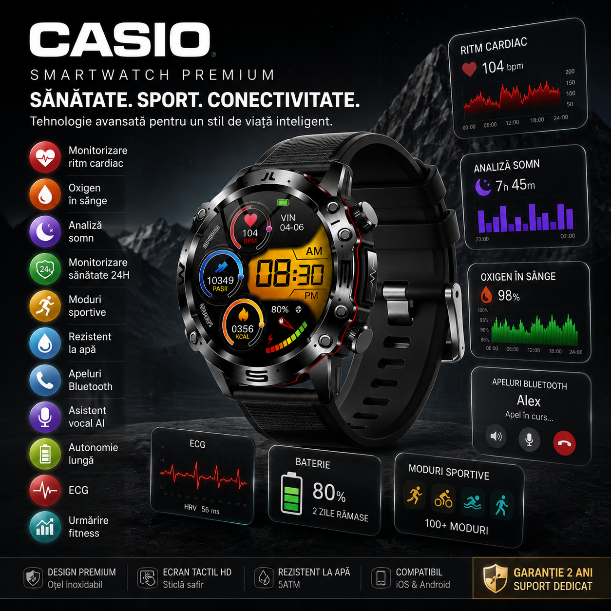 Ceas inteligent CASIO AMOLED – monitorizare glicemie, apeluri Bluetooth, peste 100 de moduri sportive