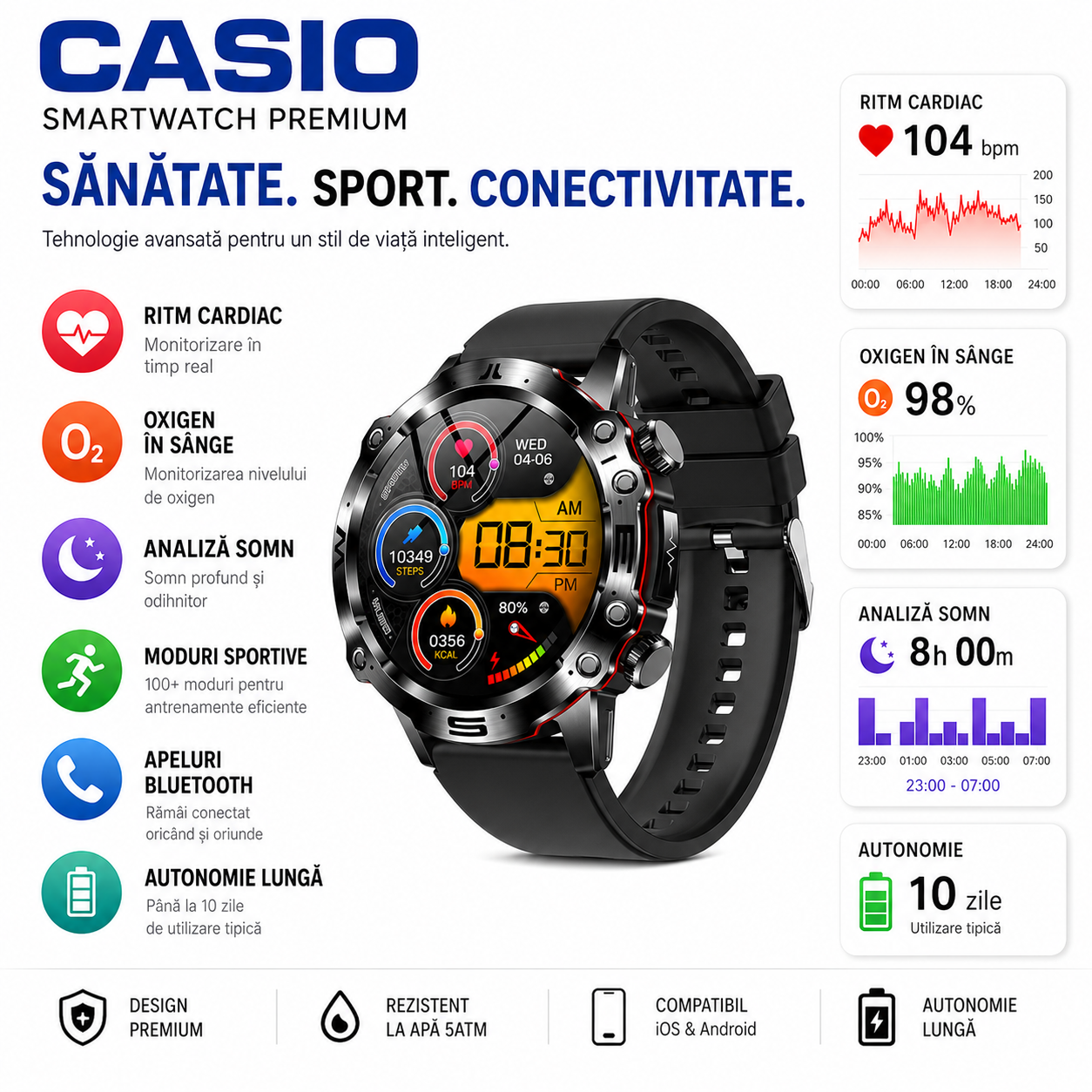 Ceas inteligent CASIO AMOLED – monitorizare glicemie, apeluri Bluetooth, peste 100 de moduri sportive