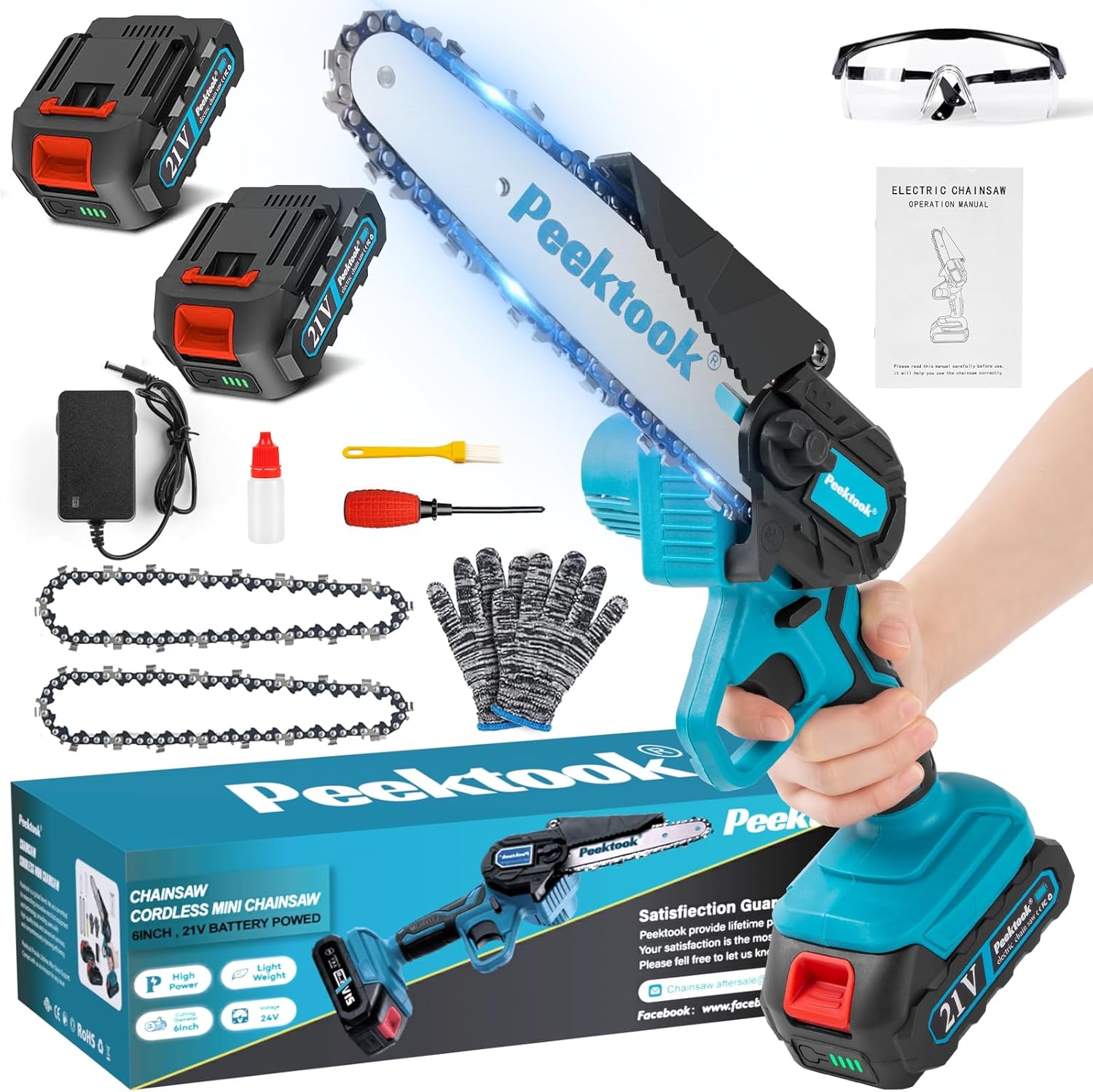 Mini ferăstrău cu lanț de 6 inchi, ferăstrău fără fir Peektook cu 2 baterii de mare capacitate și 2 lanțuri, ferăstrău electric cu baterie ușoară, ferăstrău mic cu blocare de siguranță și motor puternic pentru tunderea copacilor