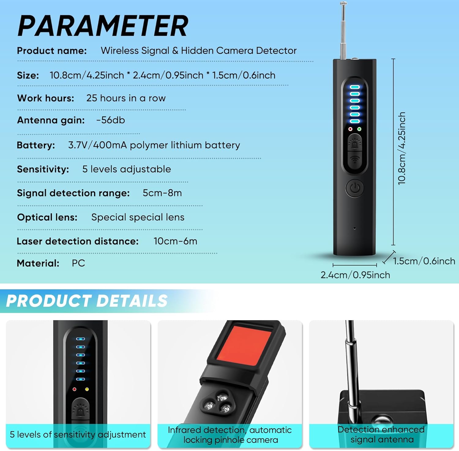 Detector de cameră ascunsă, detector de cameră anti-spion 2024, detector GPS pentru dispozitive ascunse, detector de insecte, scaner de semnal RF fără fir, potrivit pentru hotel, acasă, birou, 5 niveluri de sensibilitate (negru)