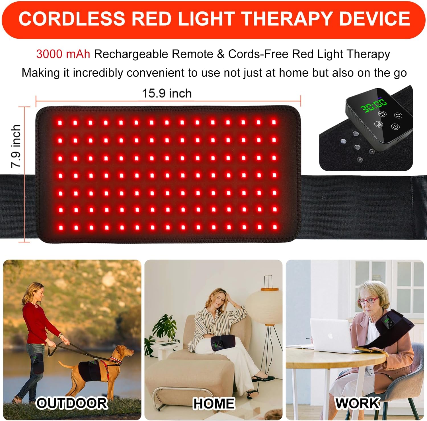 Terapie cu lumină roșie, tampon de terapie cu infraroșu fără fir pentru ameliorarea durerii de spate a genunchiului, banda portabilă portabilă 660nm 850nm pentru terapie cu lumină roșie fără fir cu controler reîncărcabil, potrivită pentru femei și bărbați