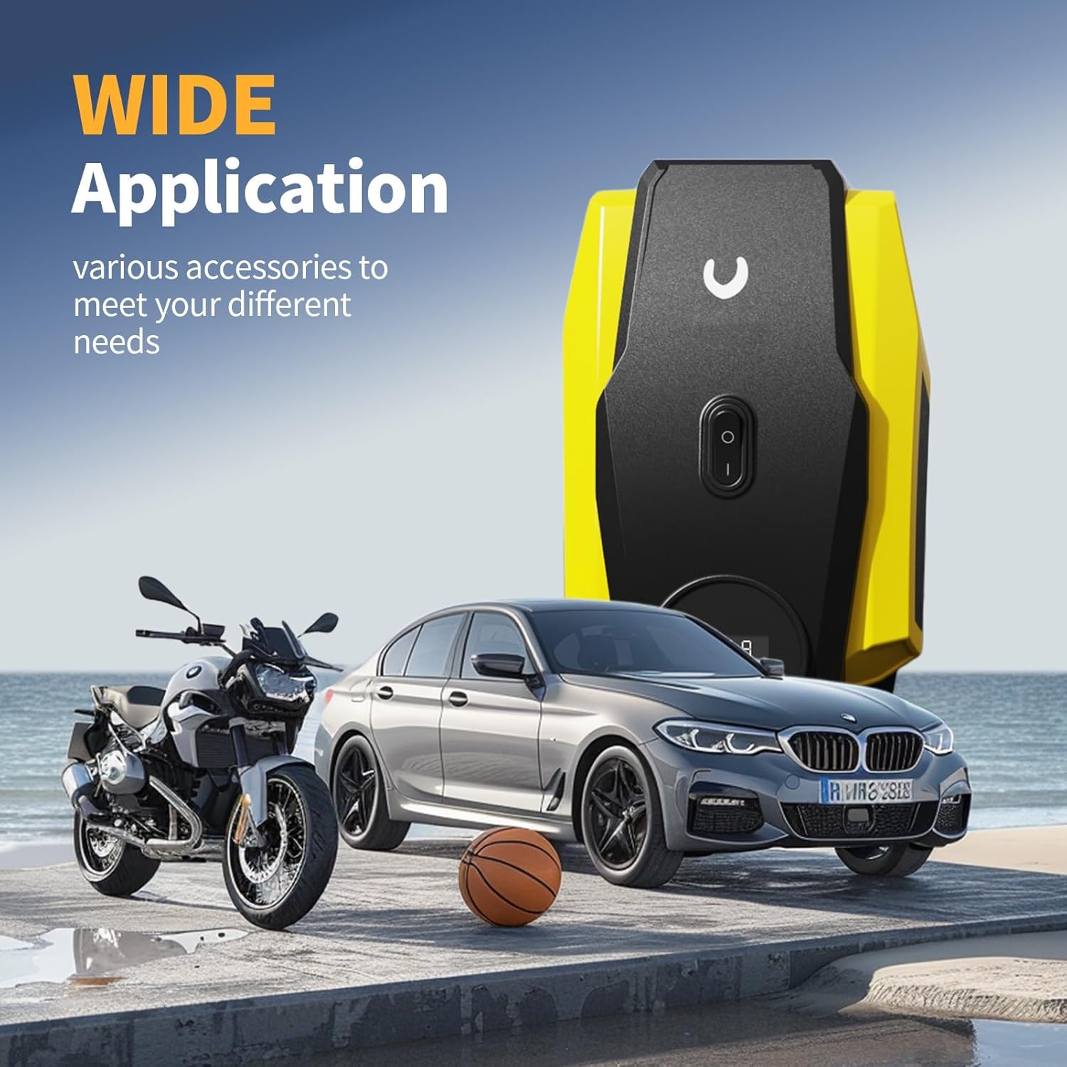 Compresor de aer portabil pentru umflator de anvelope Powools - Pompă de aer pentru anvelope auto - Pompă compactă pentru anvelope 12V DC cu oprire automată - Accesoriu auto multifuncțional cu lumină LED.