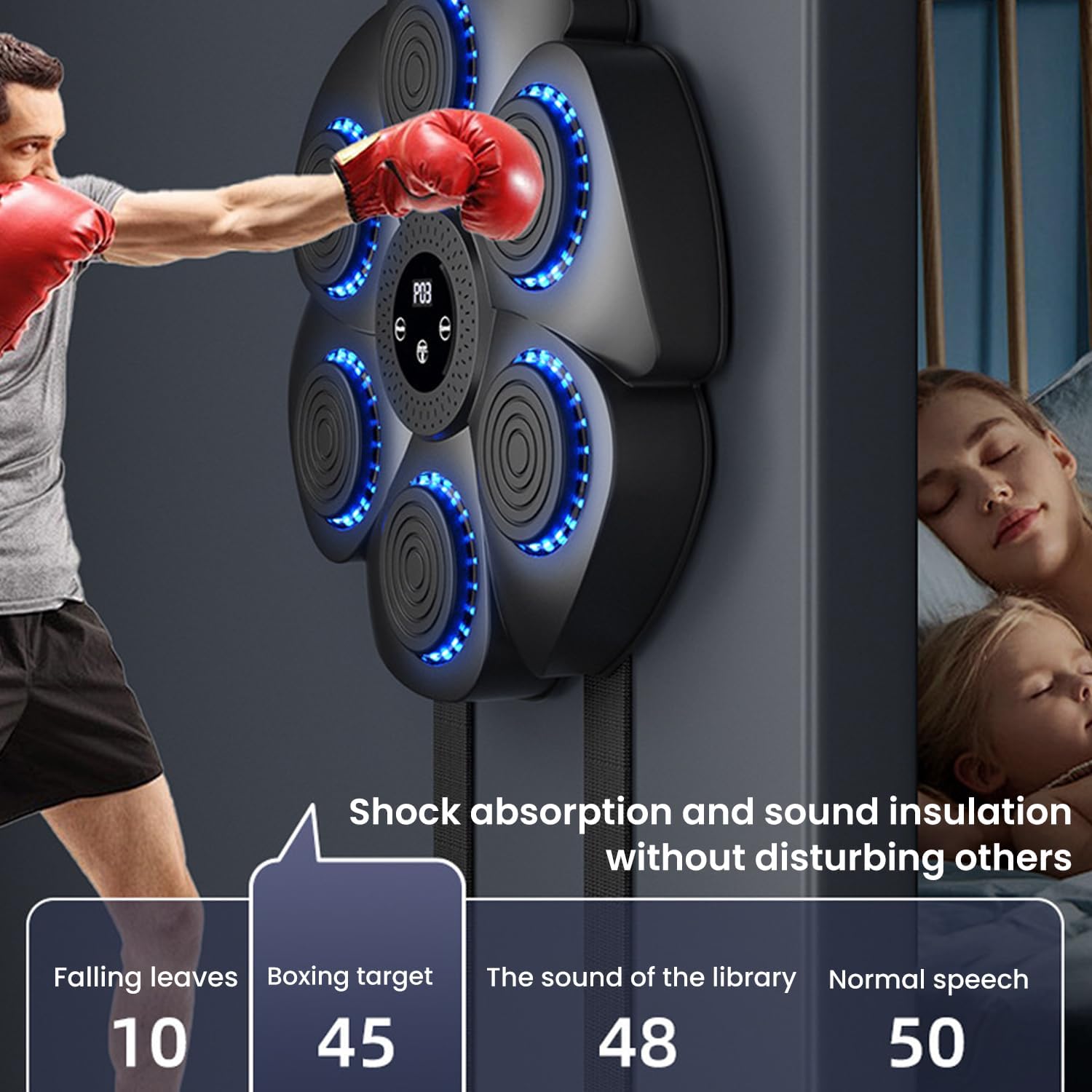 Music Boxing Machine - 2024 Noua versiune inteligentă de montare pe perete Bluetooth cu mănuși de box. 9 moduri de viteză și moduri de numărare. Exerciții distractive și sigure pentru adulți și copii