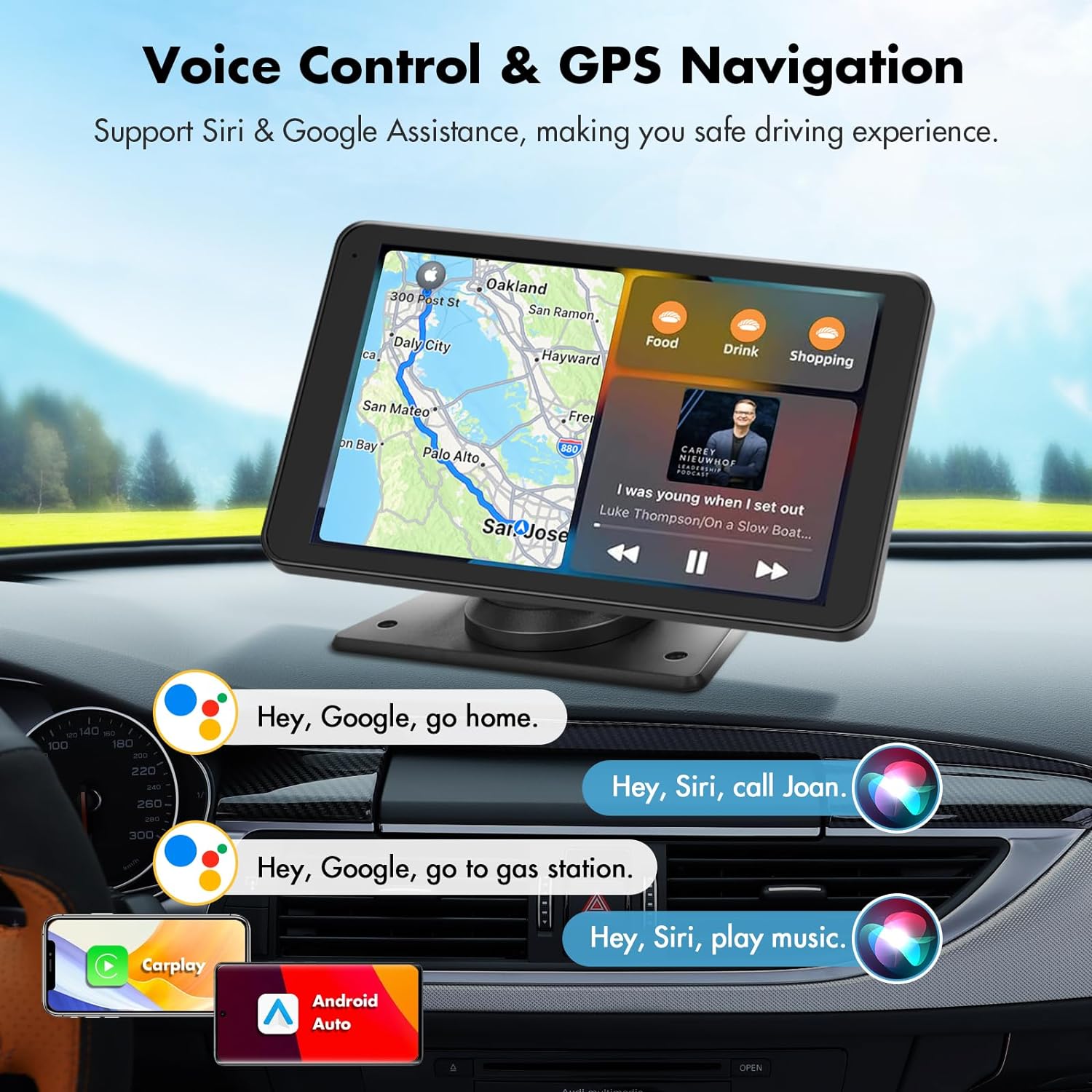 Eleacc Carplay audio portabil wireless pentru mașină, ecran tactil HD de 7 inchi, funcționează cu Apple CarPlay și Android Auto cu oglindă Link/Cameră de rezervă/Siri/Bluetooth/Navigație/AUX pentru toate vehiculele
