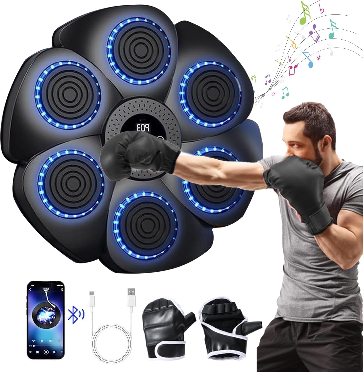 Music Boxing Machine - 2024 Noua versiune inteligentă de montare pe perete Bluetooth cu mănuși de box. 9 moduri de viteză și moduri de numărare. Exerciții distractive și sigure pentru adulți și copii
