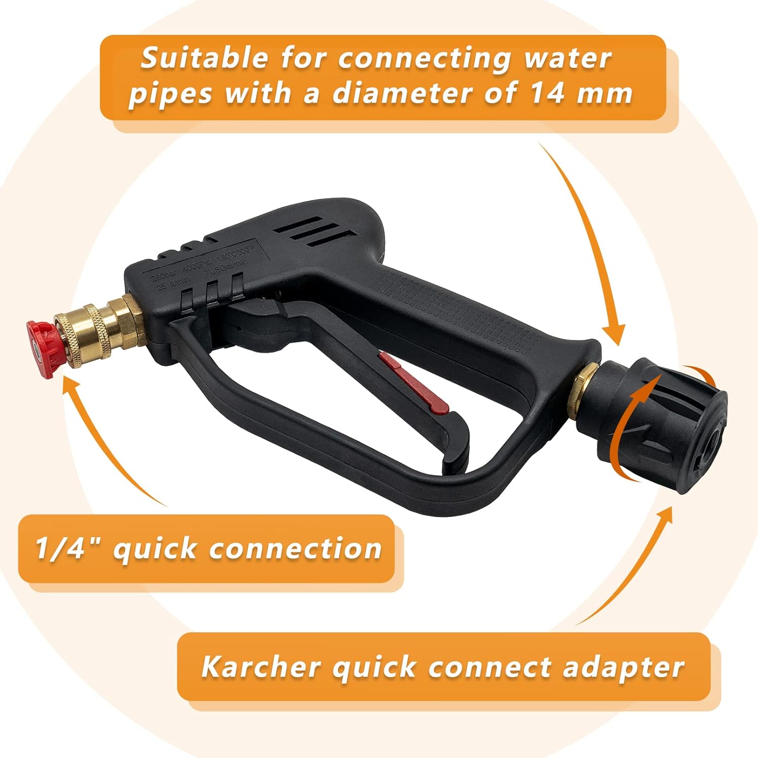 Pistol de spălat cu înaltă presiune 4000PSI Fai Top cu 5 duze de apă, pistol de curățare, pistol de apă pentru curățarea mașinii (conector pentru furtun M22 14 mm și conector rapid Karcher)