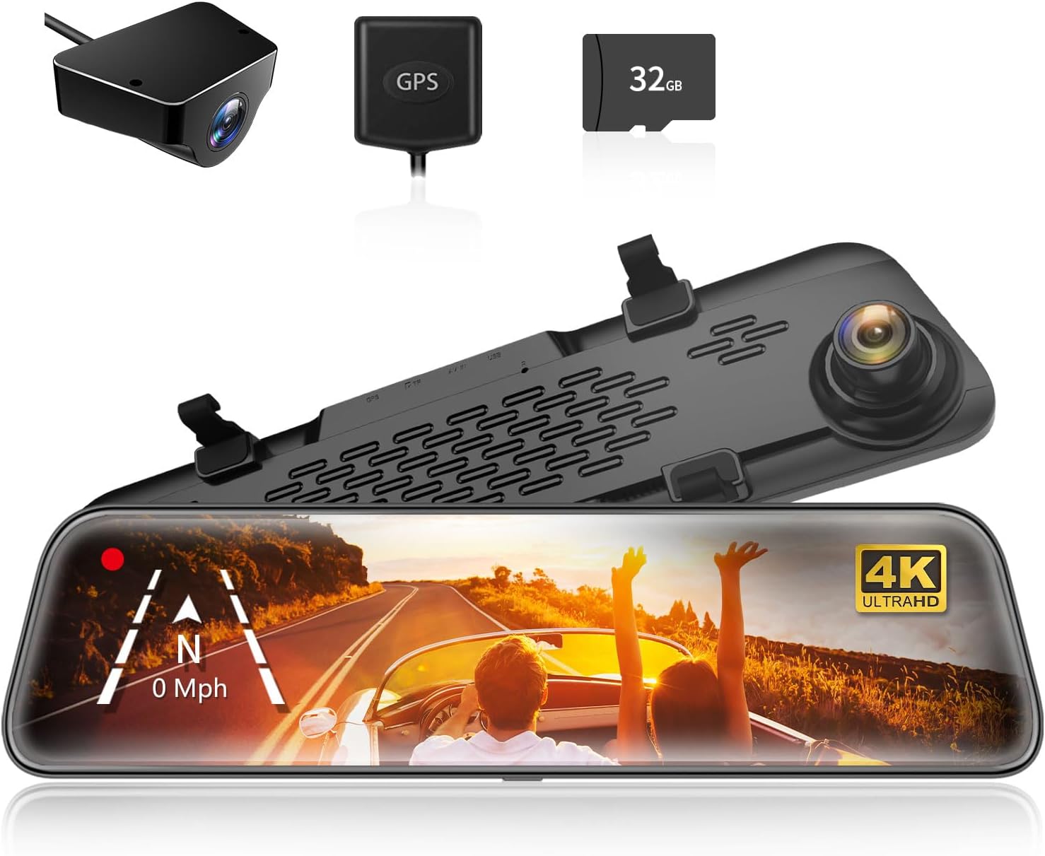 WOLFBOX G840S Cameră de rezervă cu oglindă 4K de 12 inchi, oglindă retrovizoare inteligentă Full HD 2160P pentru mașini și camioane, camere duale pentru vedere față și spate, vedere nocturnă, asistență la parcare, card GPS de 32 GB inclus