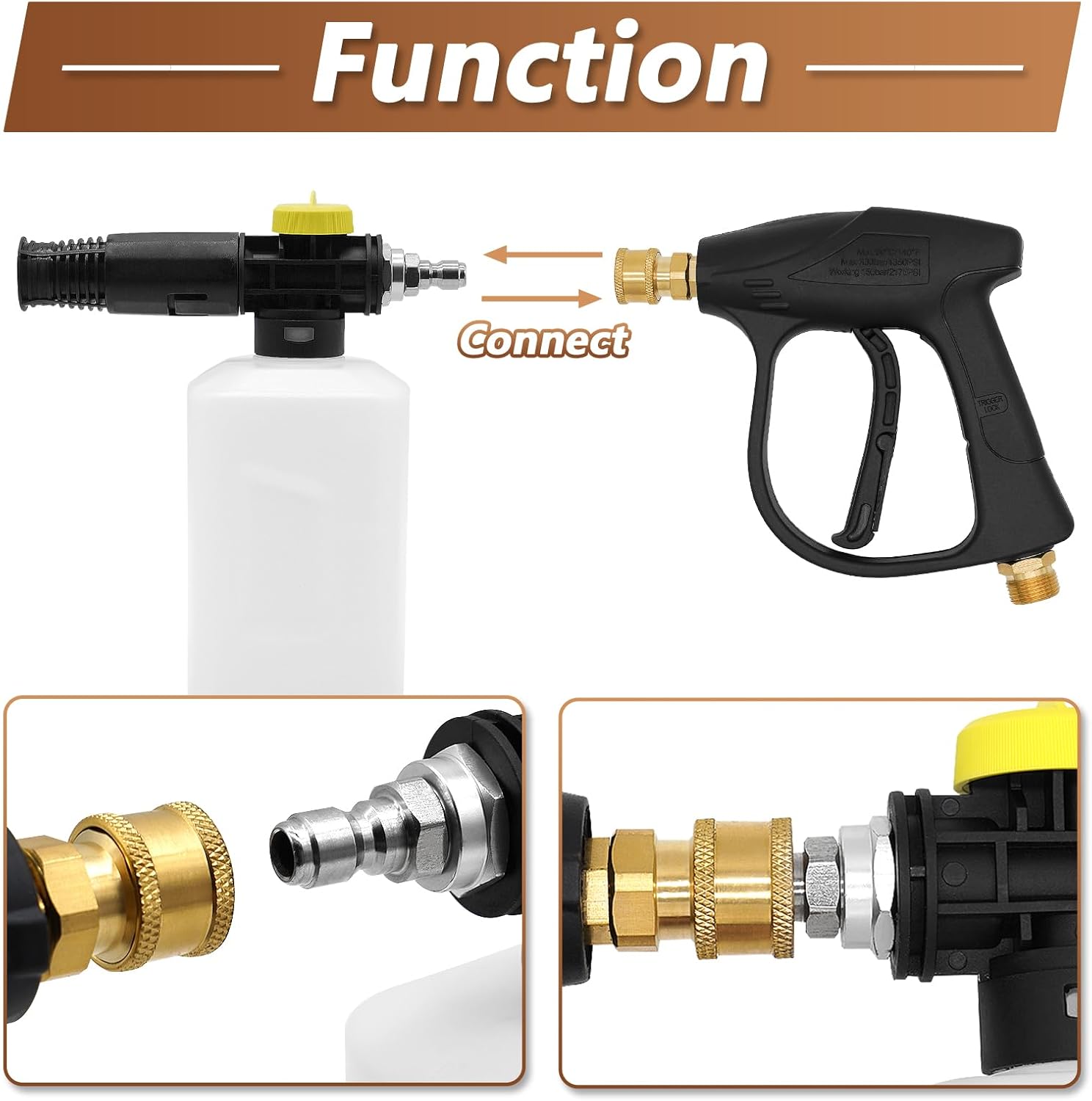 Pistol de pulverizare cu spumă de zăpadă Fai Top, conectare rapidă de 1/4 inch, tun cu spumă îmbuteliată, compatibil cu pistolul de spălat auto cu jet de spălat cu presiune de 1/4 inch.