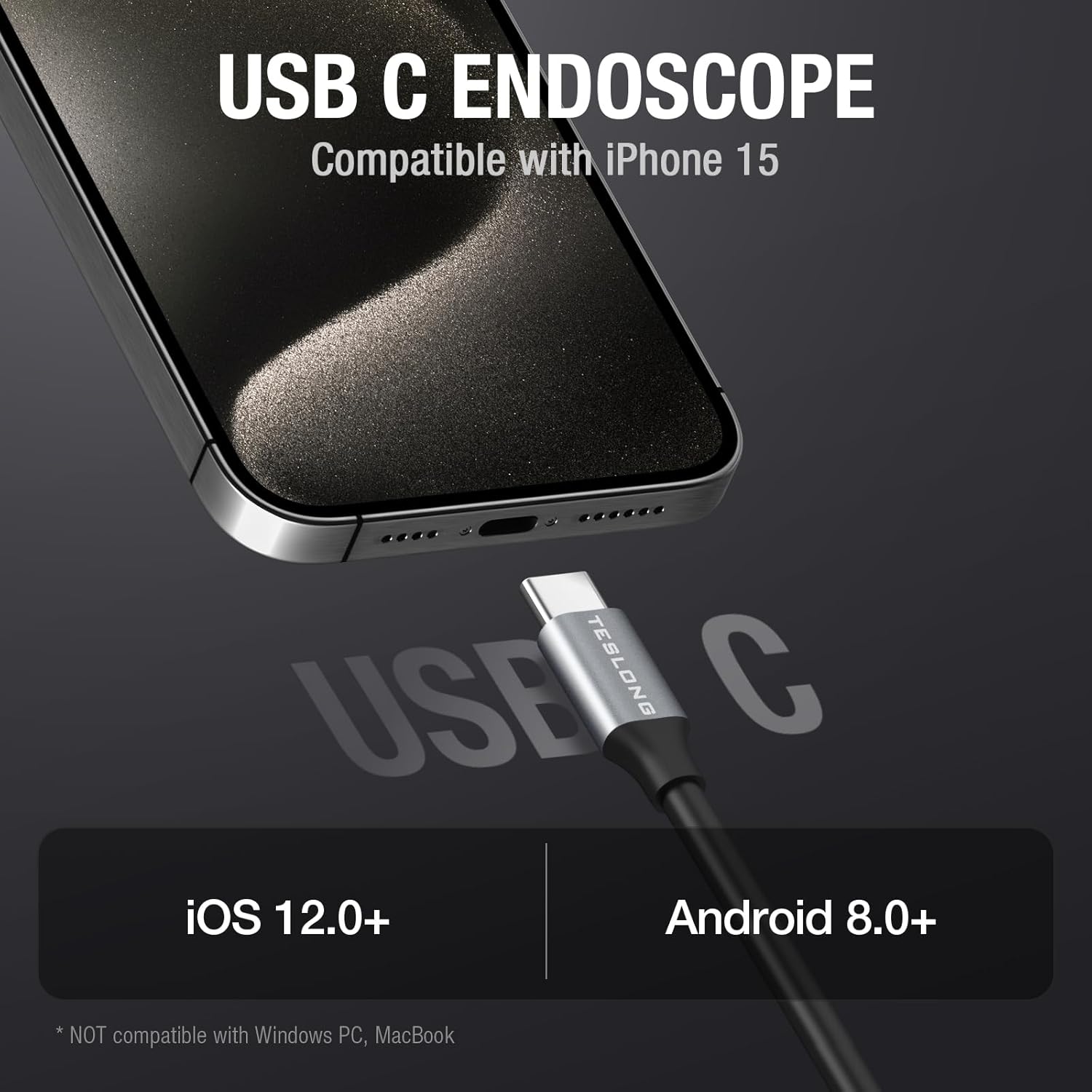 Cameră de canalizare de 50 de picioare, Teslong USB C Cameră de inspecție cu boroscop șarpe cu 8 lumini LED, Cameră flexibilă de 50 de metri, rezistentă la apă, boroscop cu fibre, compatibilă cu iPhone 15, telefon mobil Android