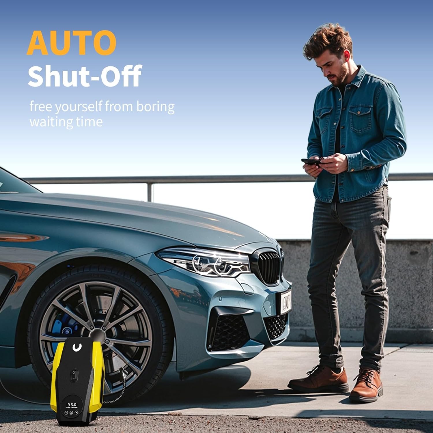 Compresor de aer portabil pentru umflator de anvelope Powools - Pompă de aer pentru anvelope auto - Pompă compactă pentru anvelope 12V DC cu oprire automată - Accesoriu auto multifuncțional cu lumină LED.