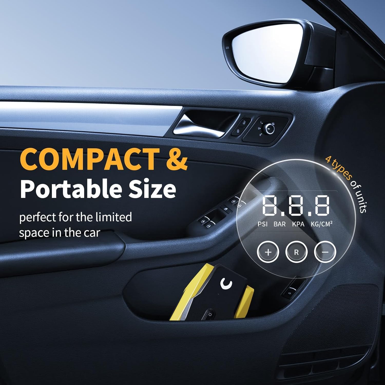 Compresor de aer portabil pentru umflator de anvelope Powools - Pompă de aer pentru anvelope auto - Pompă compactă pentru anvelope 12V DC cu oprire automată - Accesoriu auto multifuncțional cu lumină LED.