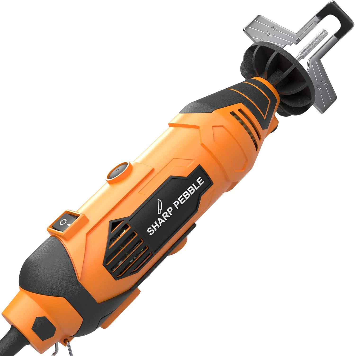 Kit de ascuțit pentru ferăstrău electric Sharp Pebble - Vine cu o unealtă de ascuțit cu lanț, roți de ascuțit cu diamant în 4 dimensiuni de fișiere, atașament unghi, cheie și carte electronică.