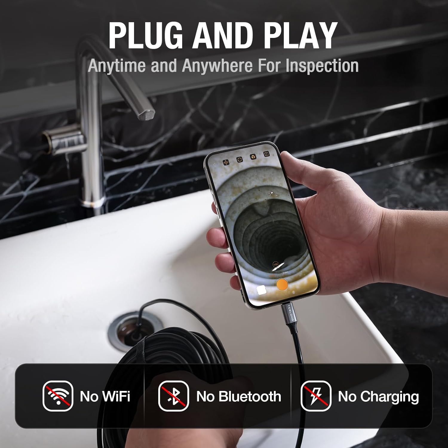 Cameră de canalizare de 50 de picioare, Teslong USB C Cameră de inspecție cu boroscop șarpe cu 8 lumini LED, Cameră flexibilă de 50 de metri, rezistentă la apă, boroscop cu fibre, compatibilă cu iPhone 15, telefon mobil Android