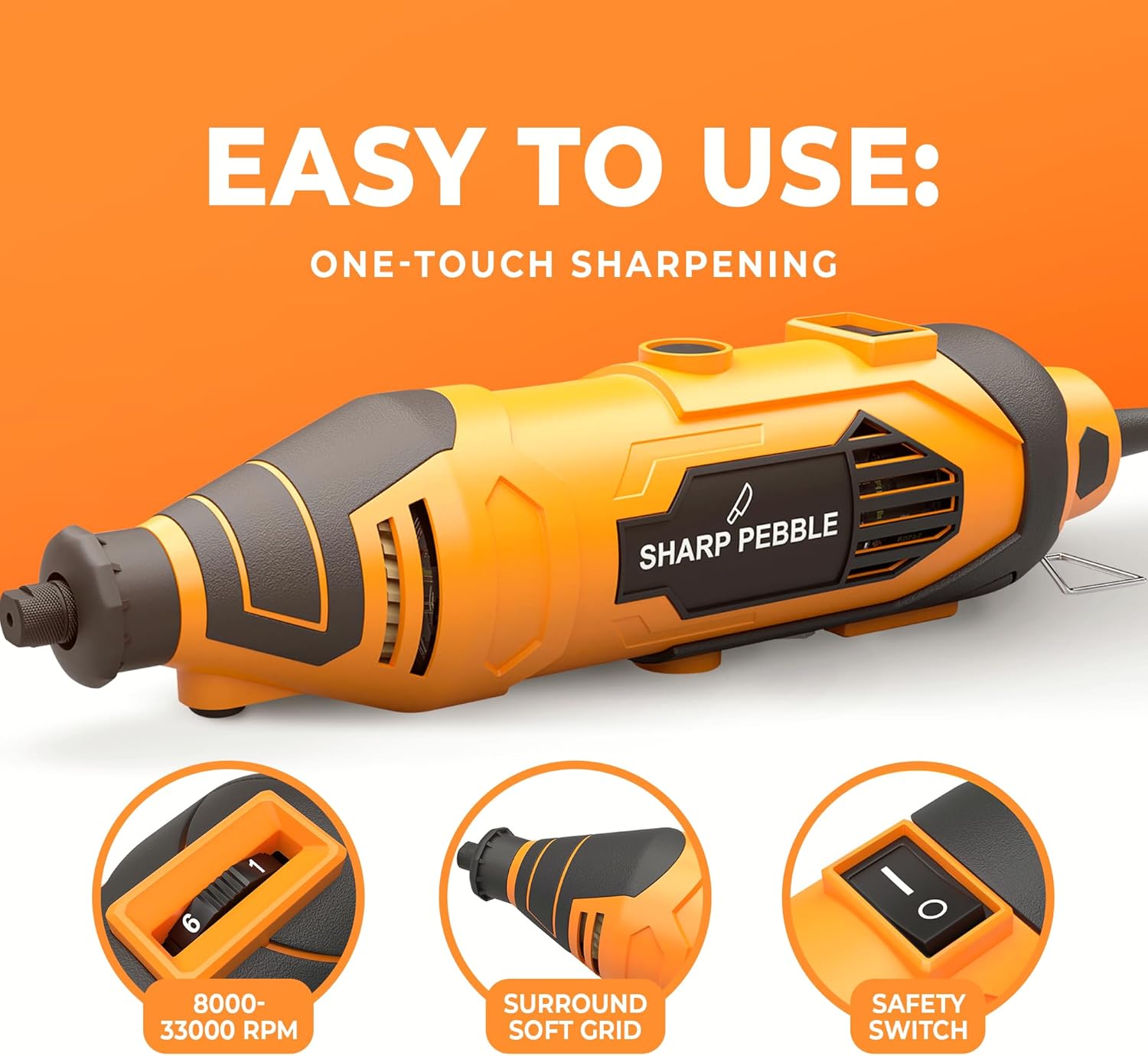 Kit de ascuțit pentru ferăstrău electric Sharp Pebble - Vine cu o unealtă de ascuțit cu lanț, roți de ascuțit cu diamant în 4 dimensiuni de fișiere, atașament unghi, cheie și carte electronică.