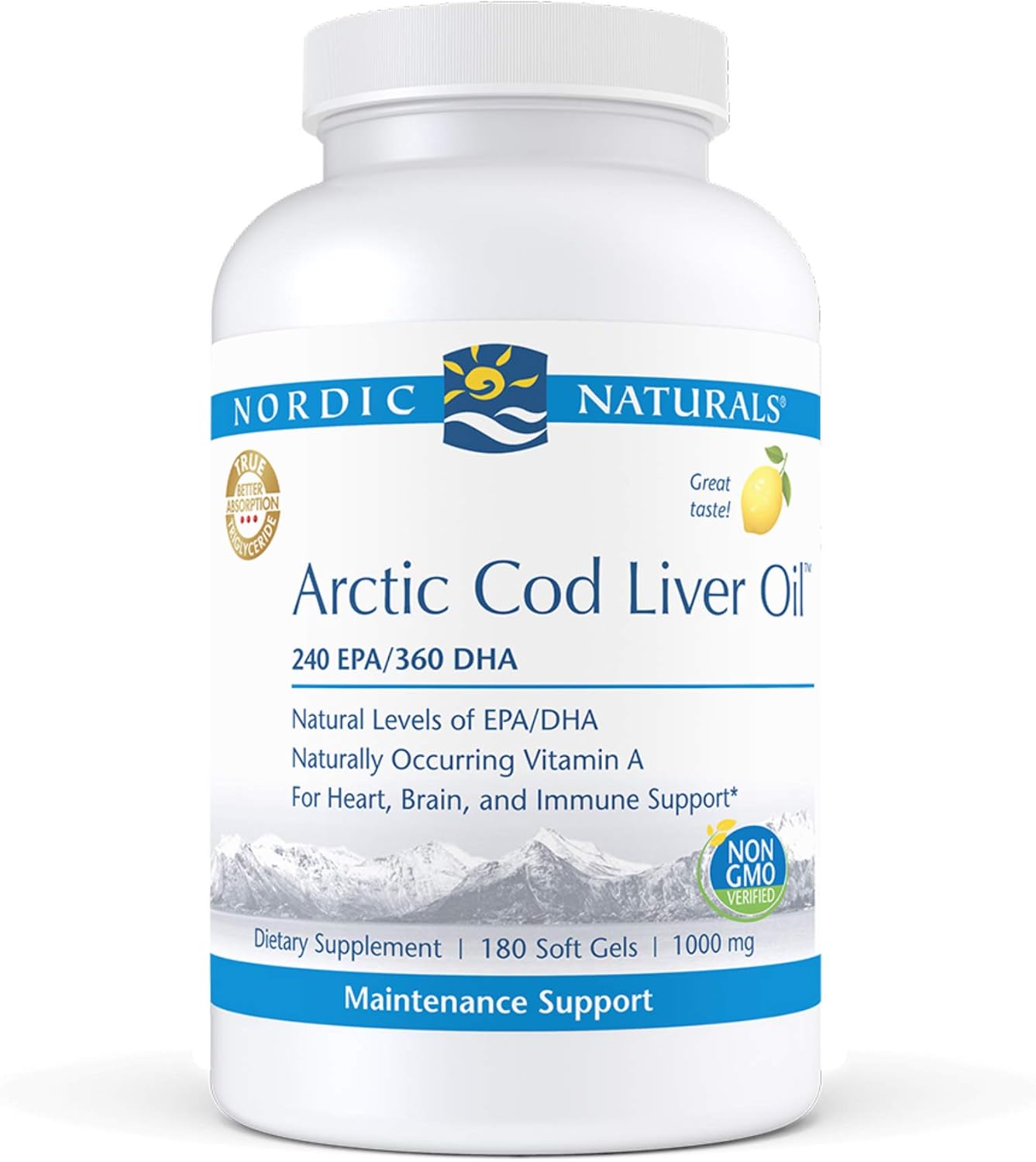 Nordic Naturals Ulei de ficat de cod arctic, lămâie - 180 de capsule moi - 750 mg Omega-3 total cu EPA și DHA - Sănătatea inimii și a creierului, imunitate sănătoasă, stare generală de sănătate - Non-OMG - 60 de porții