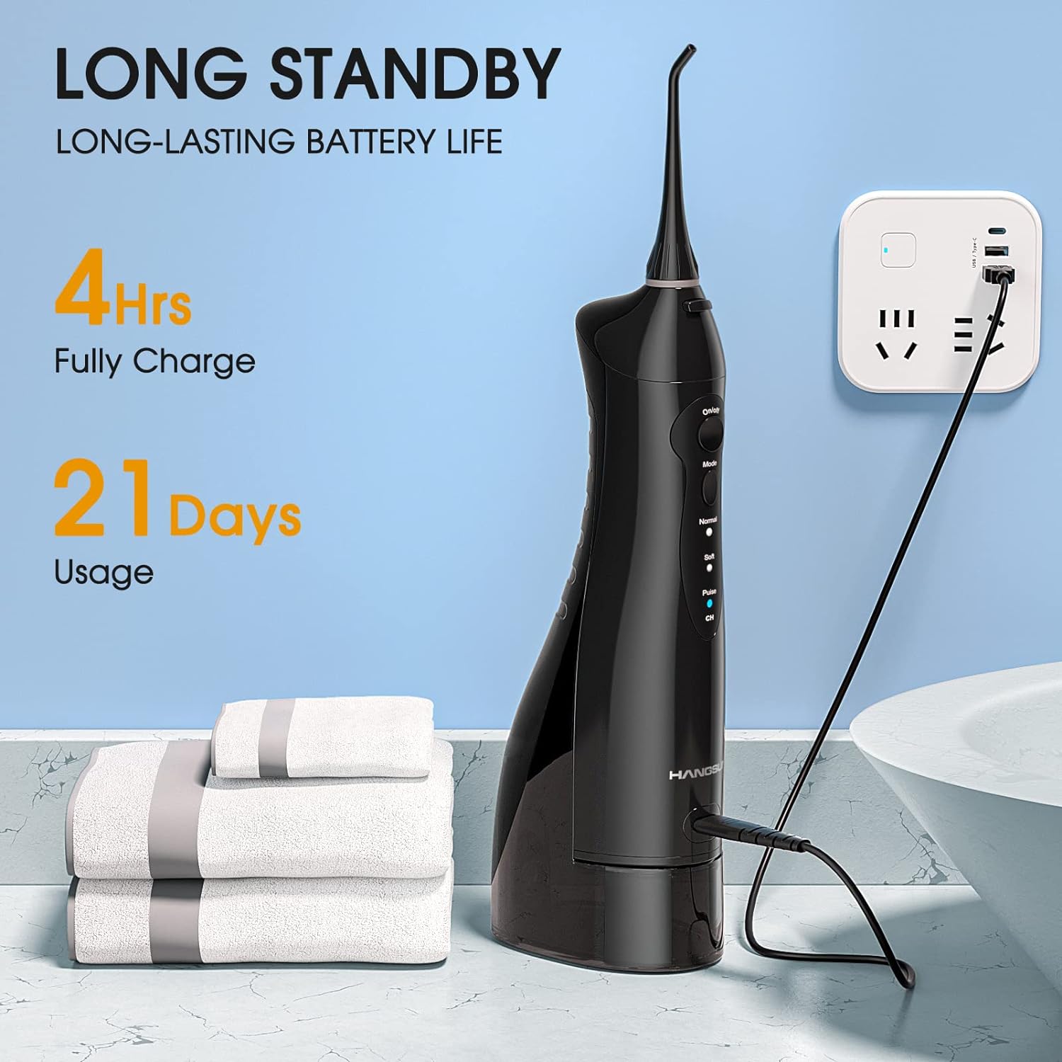Hangsun Ață dentară Irigator oral fără fir Jet de apă dentară HOC760 Ață dentară electrică cu 8 duze Rezervor de apă de 300 ml USB reîncărcabil potrivit pentru călătorii și uz casnic Negru
