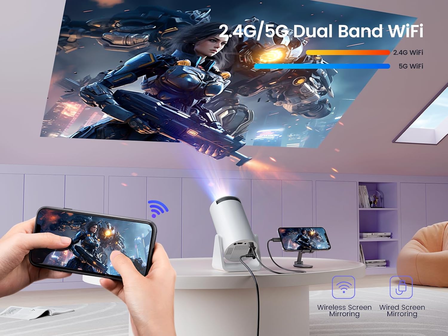 [Aplicație încorporată] Mini proiector cu WIFI 6 și Bluetooth, 4K 1080P suport proiector portabil, proiector de film cu ecran rotativ de 180°, ecran de 130 inchi, corectare automată a distorsiunii compatibile cu laptop, PC, smartphone