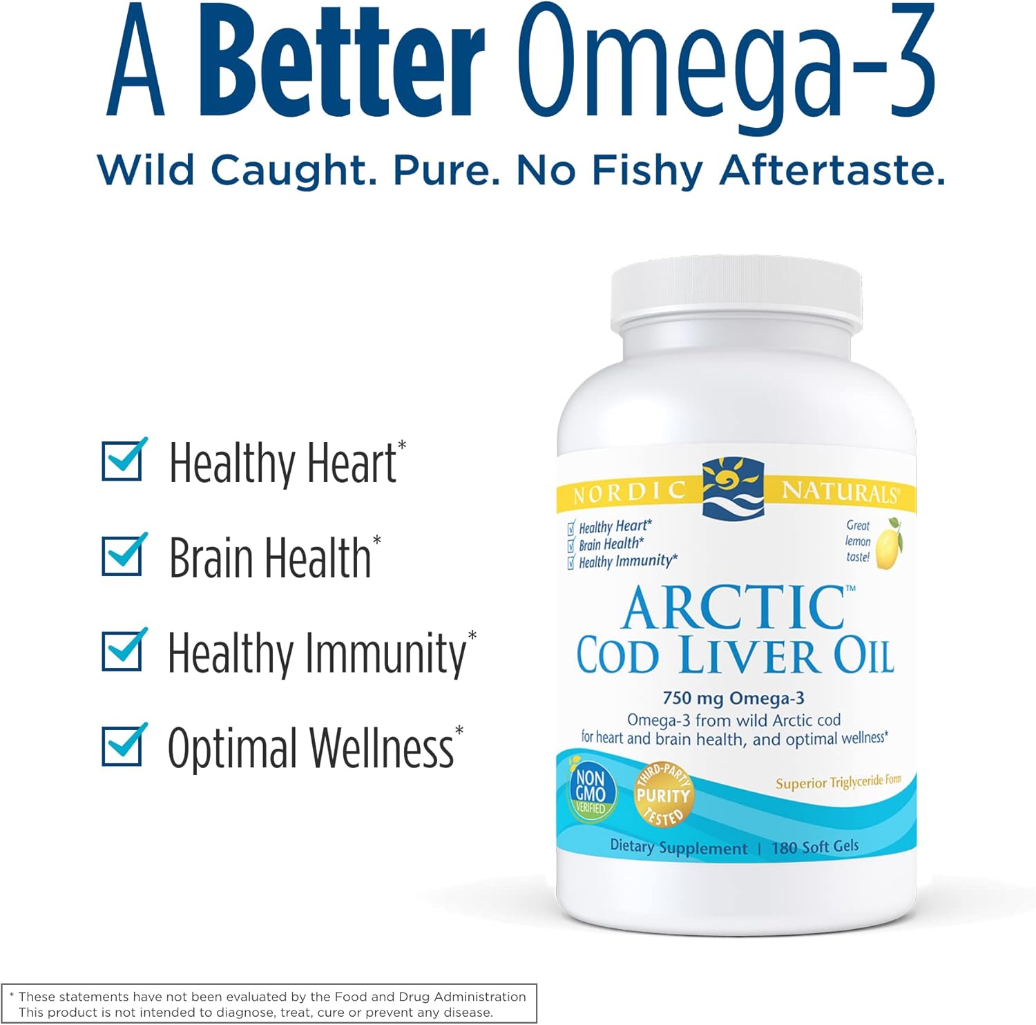 Nordic Naturals Ulei de ficat de cod arctic, lămâie - 180 de capsule moi - 750 mg Omega-3 total cu EPA și DHA - Sănătatea inimii și a creierului, imunitate sănătoasă, stare generală de sănătate - Non-OMG - 60 de porții