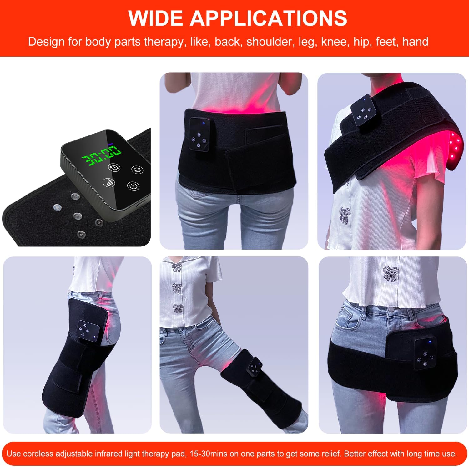 Terapie cu lumină roșie, tampon de terapie cu infraroșu fără fir pentru ameliorarea durerii de spate a genunchiului, banda portabilă portabilă 660nm 850nm pentru terapie cu lumină roșie fără fir cu controler reîncărcabil, potrivită pentru femei și bărbați