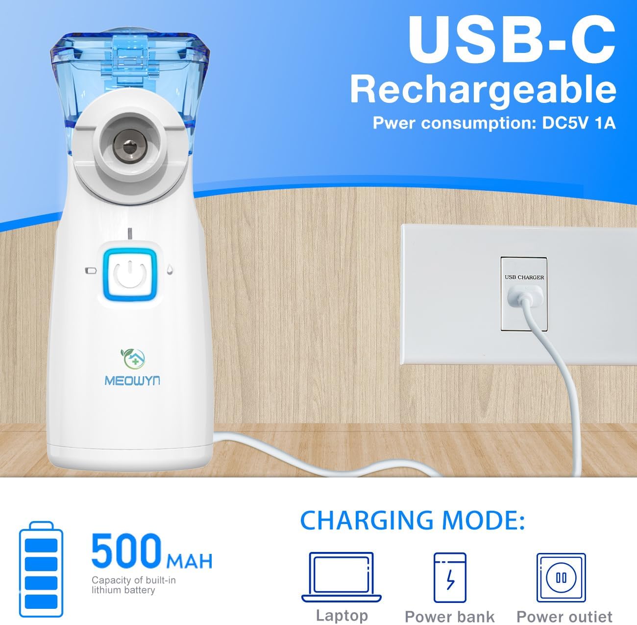Nebulizator Meowyn pentru adulți și copii, nebulizator reîncărcabil USB-C, design portabil, ușor de utilizat și de curățat, nebulizare silentioasă, eficientă, potrivit pentru uz casnic și de călătorie
