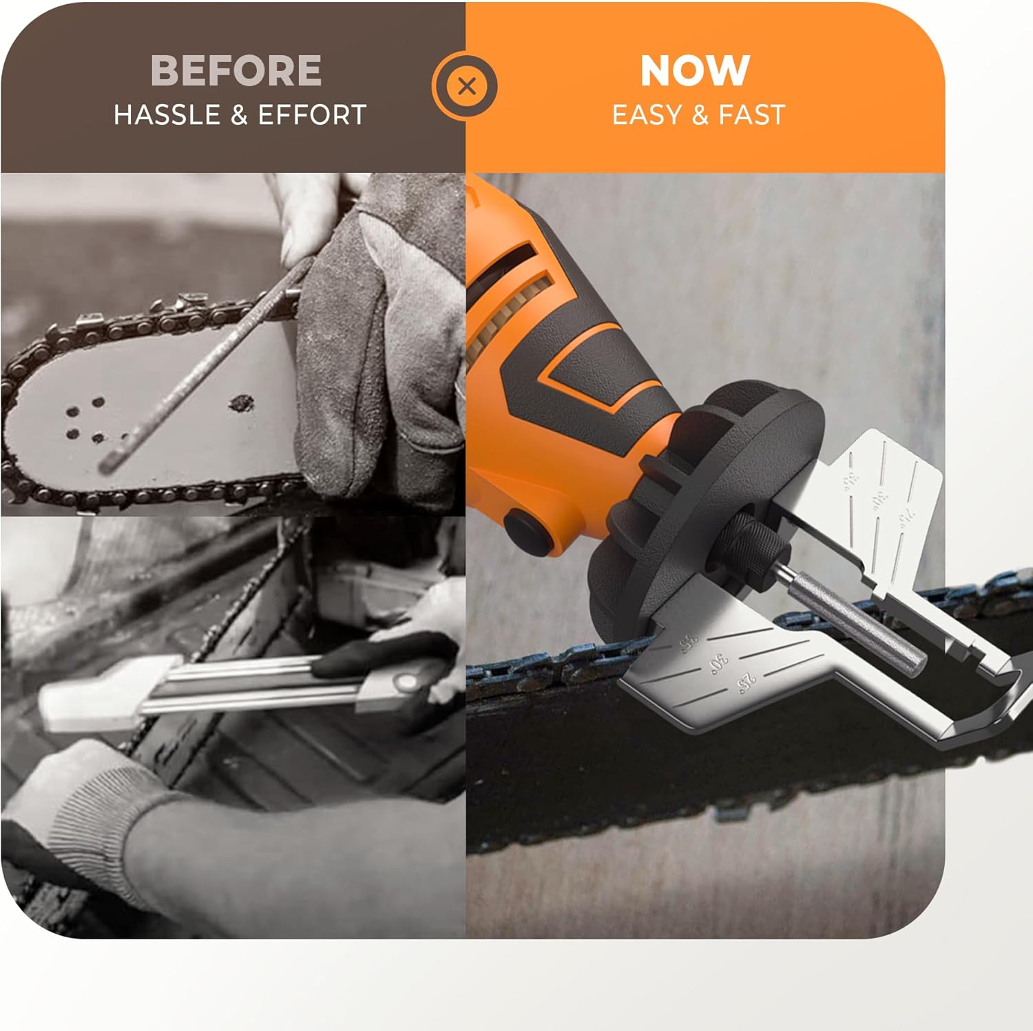 Kit de ascuțit pentru ferăstrău electric Sharp Pebble - Vine cu o unealtă de ascuțit cu lanț, roți de ascuțit cu diamant în 4 dimensiuni de fișiere, atașament unghi, cheie și carte electronică.