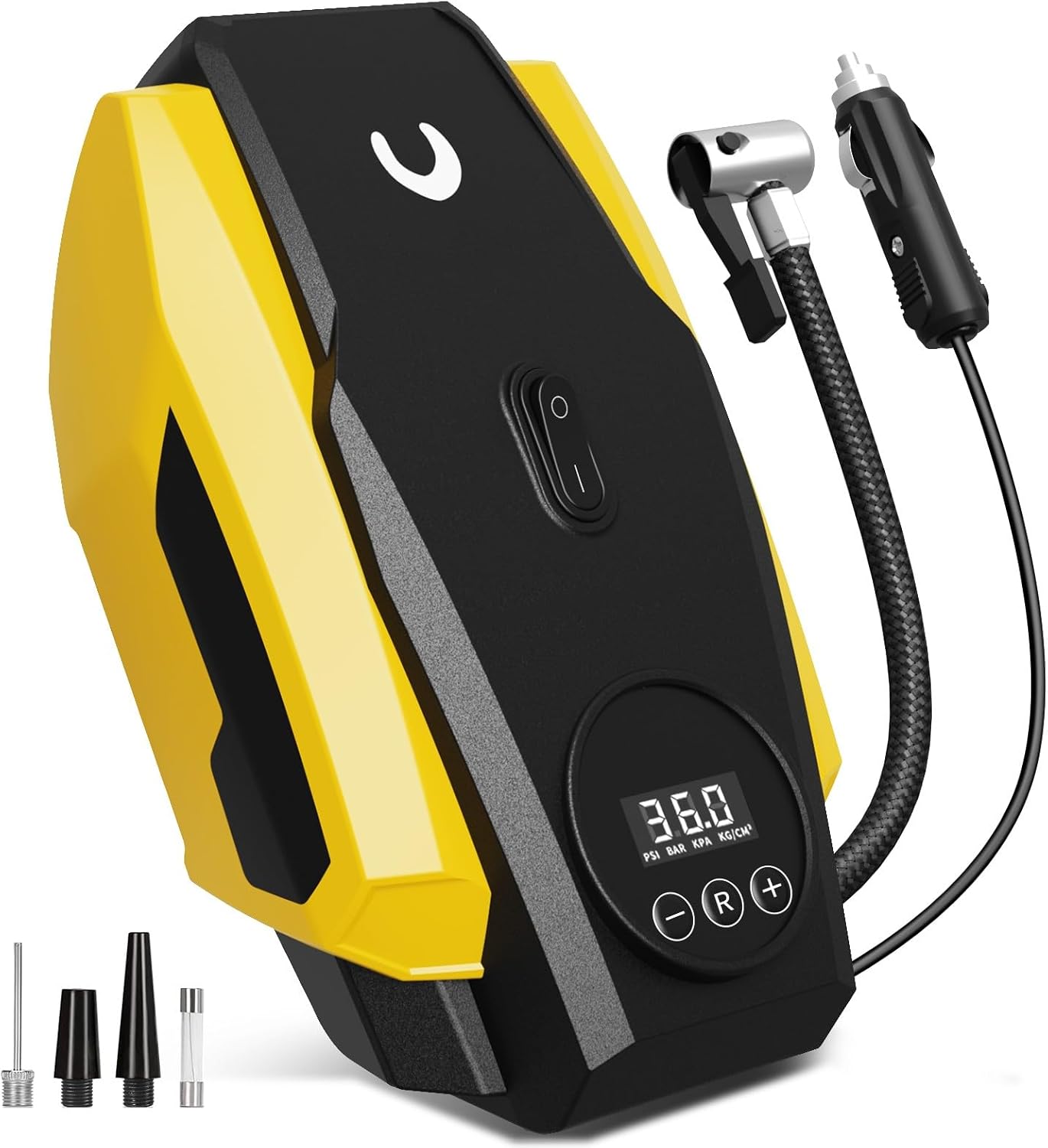 Compresor de aer portabil pentru umflator de anvelope Powools - Pompă de aer pentru anvelope auto - Pompă compactă pentru anvelope 12V DC cu oprire automată - Accesoriu auto multifuncțional cu lumină LED.
