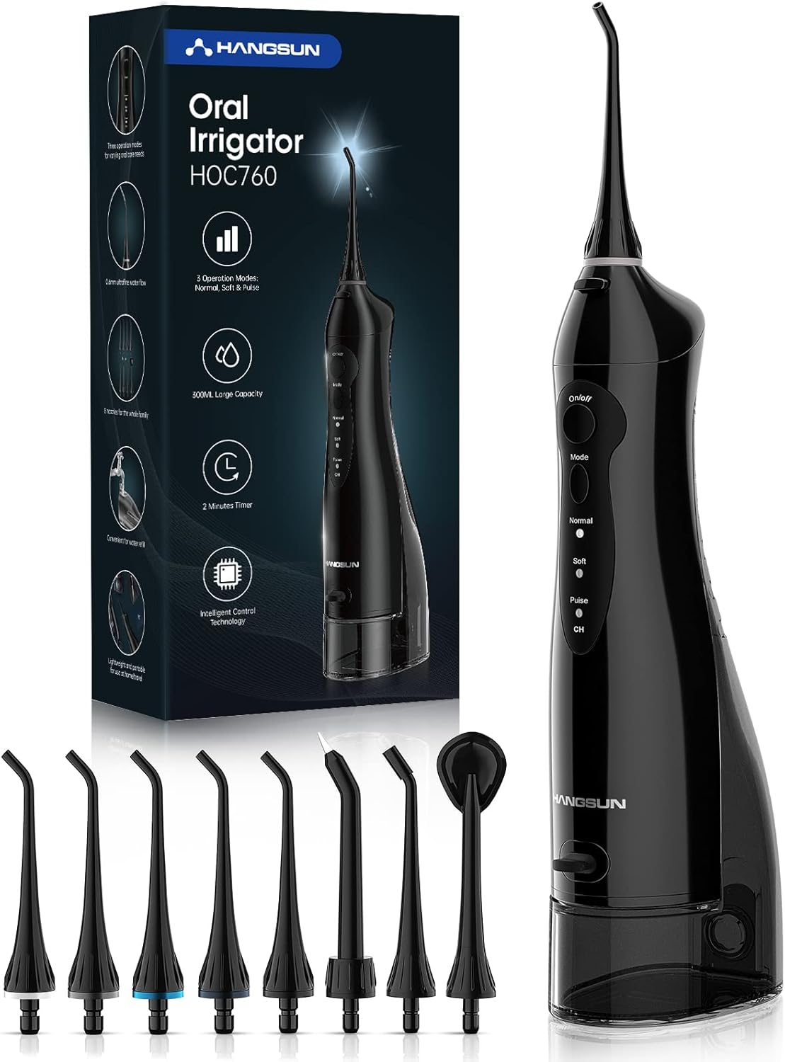 Hangsun Ață dentară Irigator oral fără fir Jet de apă dentară HOC760 Ață dentară electrică cu 8 duze Rezervor de apă de 300 ml USB reîncărcabil potrivit pentru călătorii și uz casnic Negru