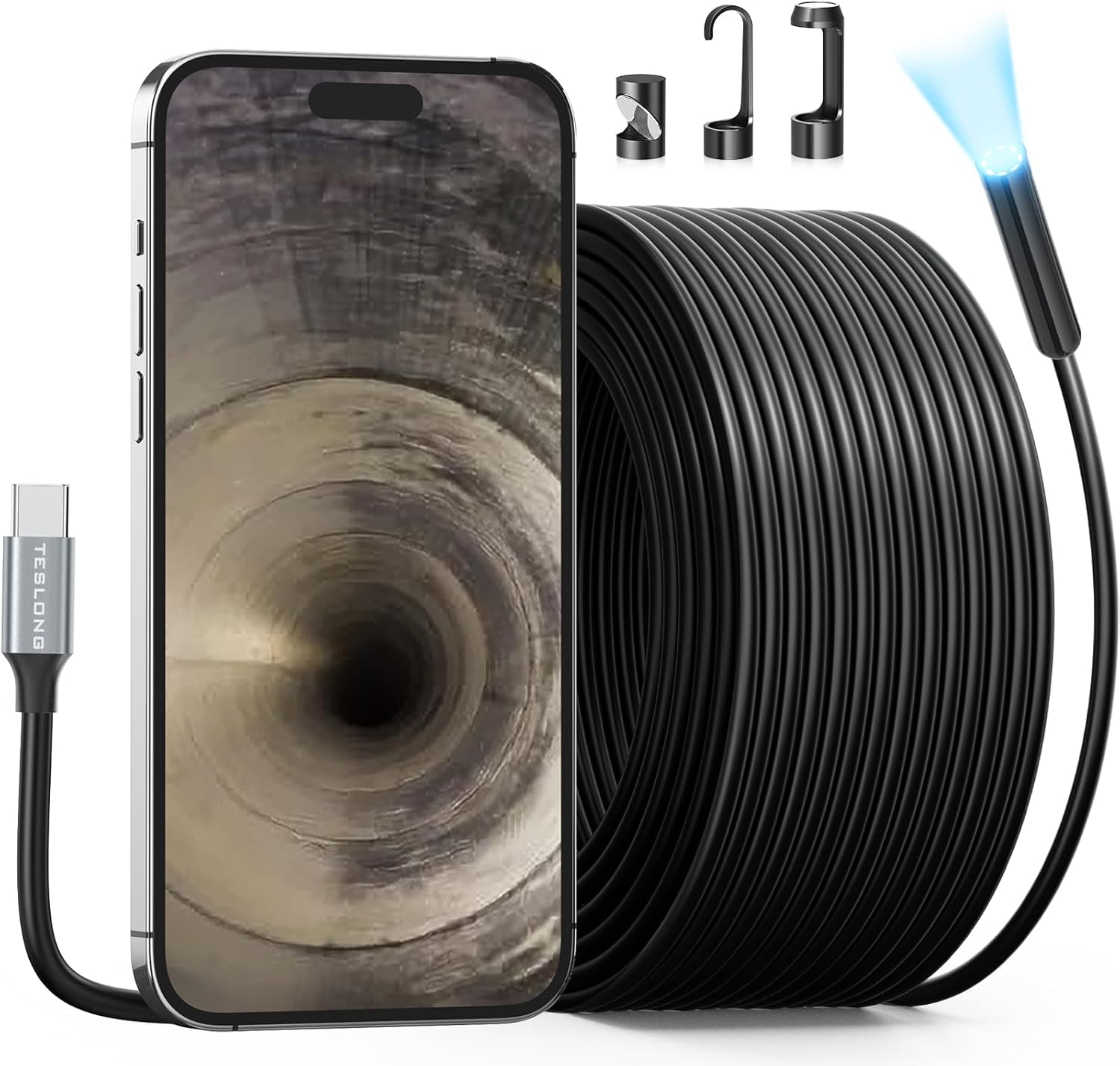 Cameră de canalizare de 50 de picioare, Teslong USB C Cameră de inspecție cu boroscop șarpe cu 8 lumini LED, Cameră flexibilă de 50 de metri, rezistentă la apă, boroscop cu fibre, compatibilă cu iPhone 15, telefon mobil Android